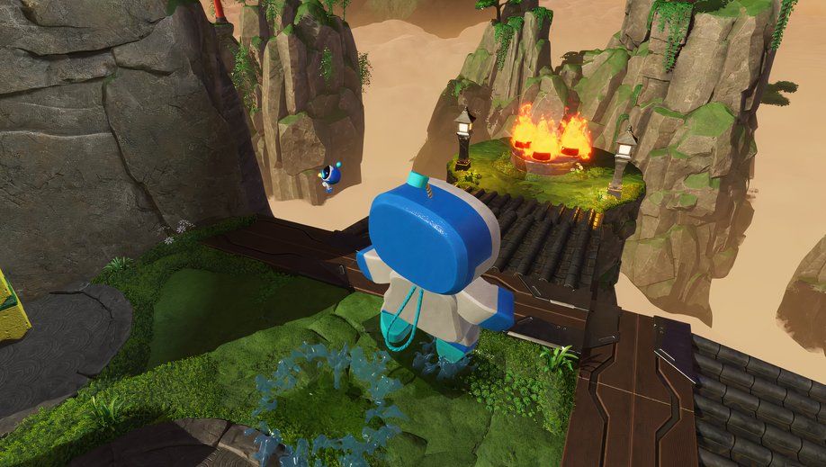 Astro Bot Bathhouse Battle attacking three flame enemies