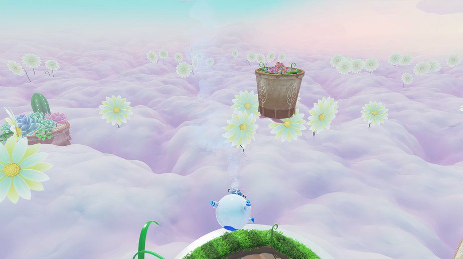 Astro Bot Balloon Breeze floating towards plant pot in the distance