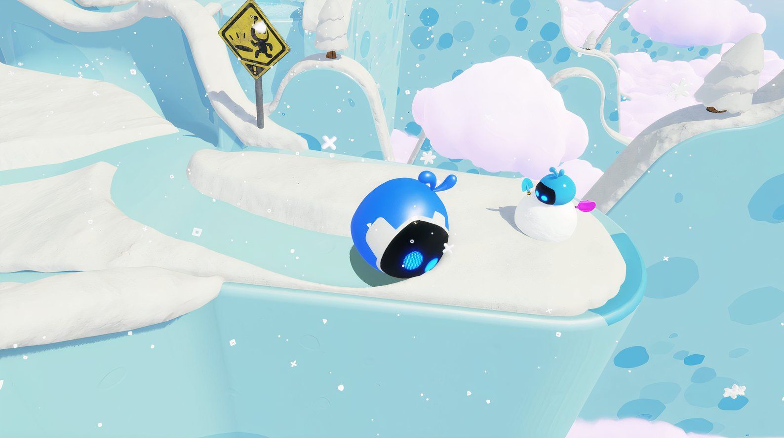 Astro Bot Going Loco rolling towards snowy bot