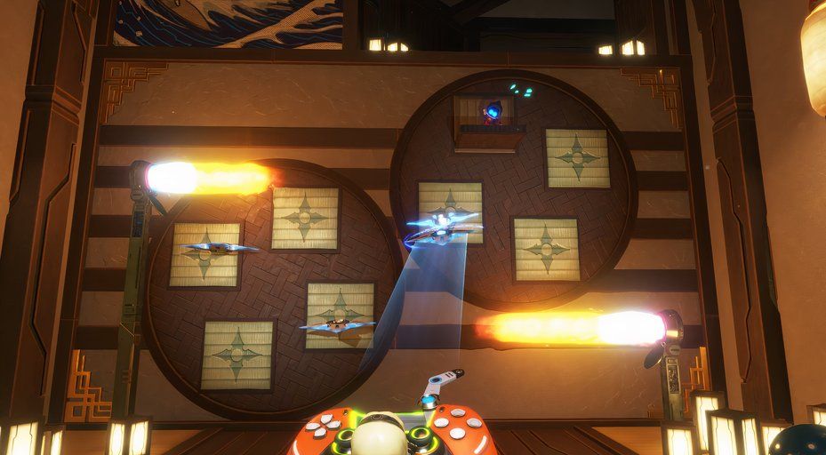 Astro Bot Danger Dojo throwing stars at platform to rescue bot