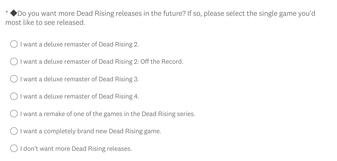 A Capcom poll asking fans who play Dead Rising want a Deluxe Remaster.