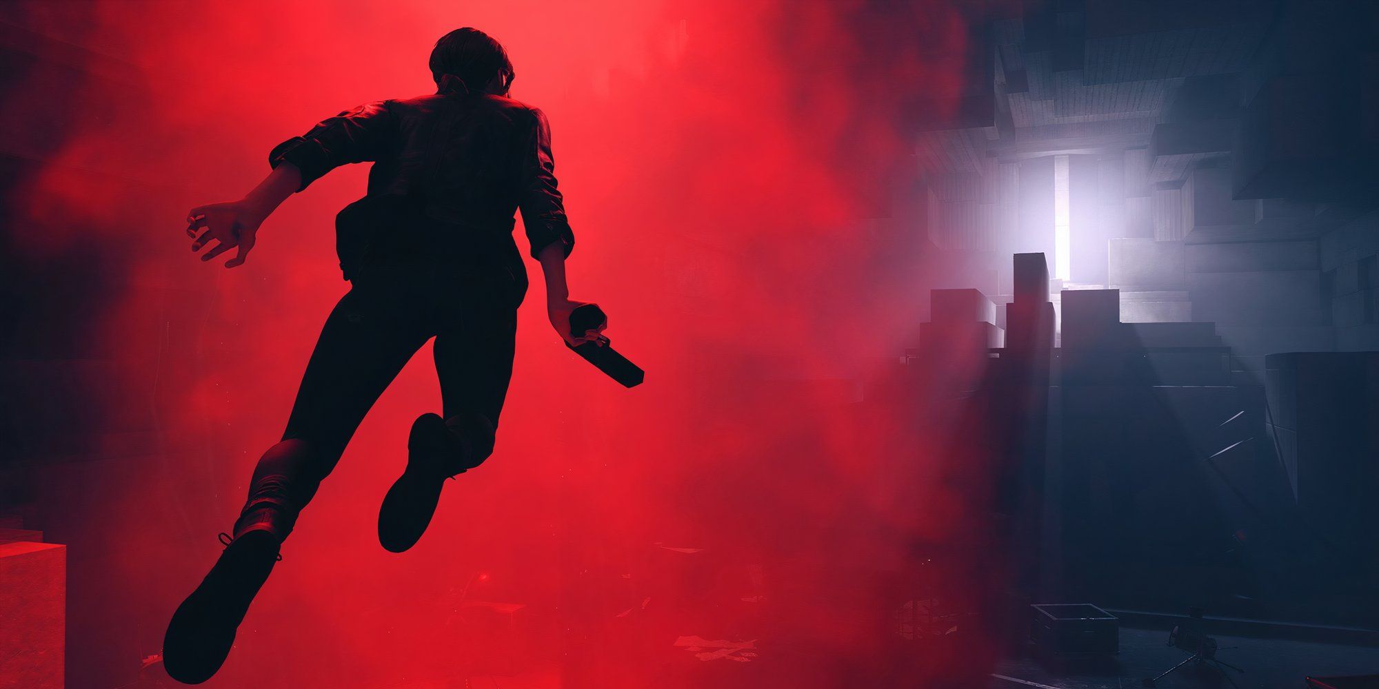 A screenshot from Control, with Jesse Faden shrouded in red smoke, moving towards a bright light.