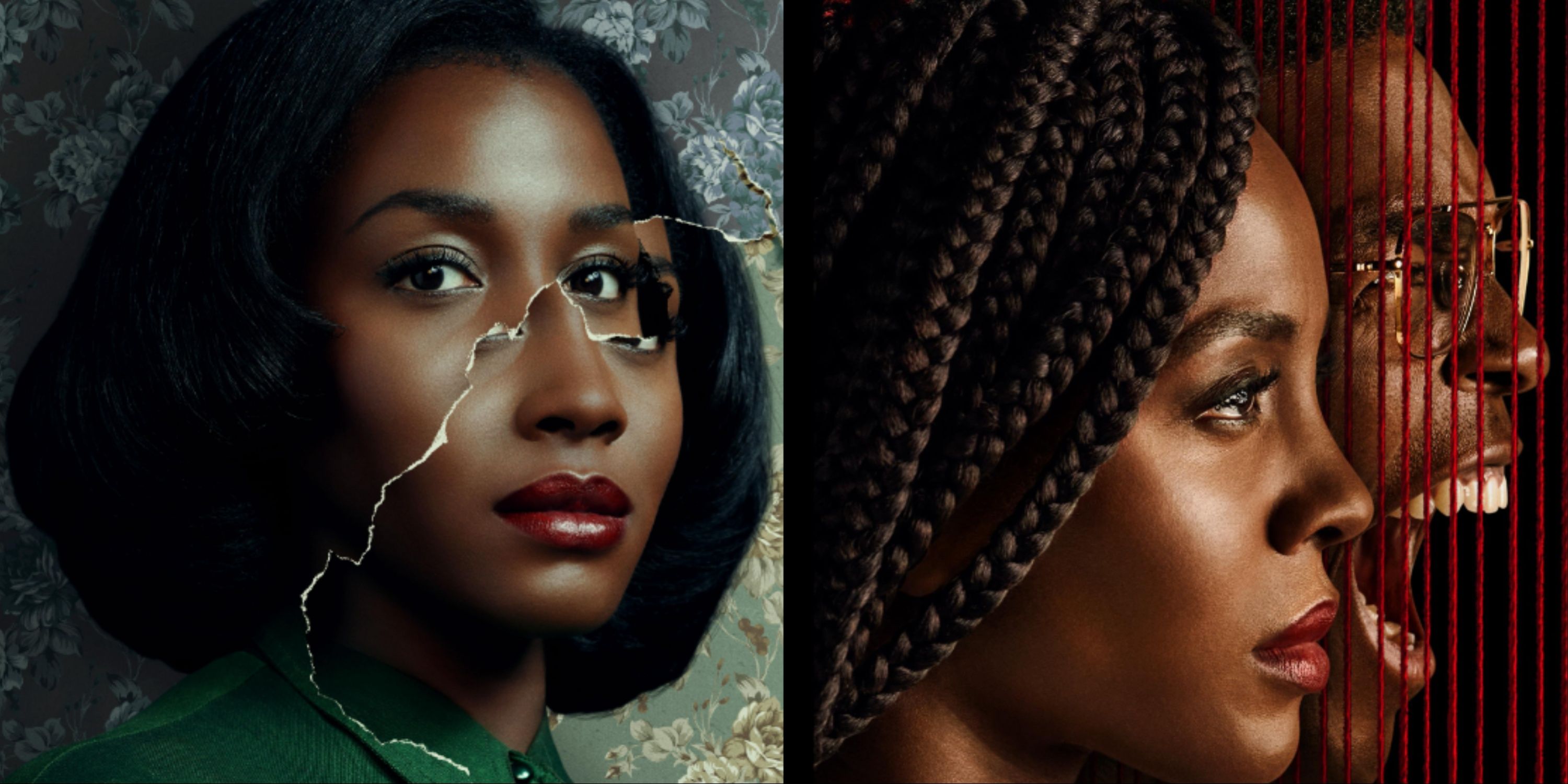 Split-Image Of Deborah Ayorinde's Character In a '50s Green Dress In The First Season Artwork For Them And Her Character On The Cover Of Them Season 2, With Red Strings Separating Her From Another Character.