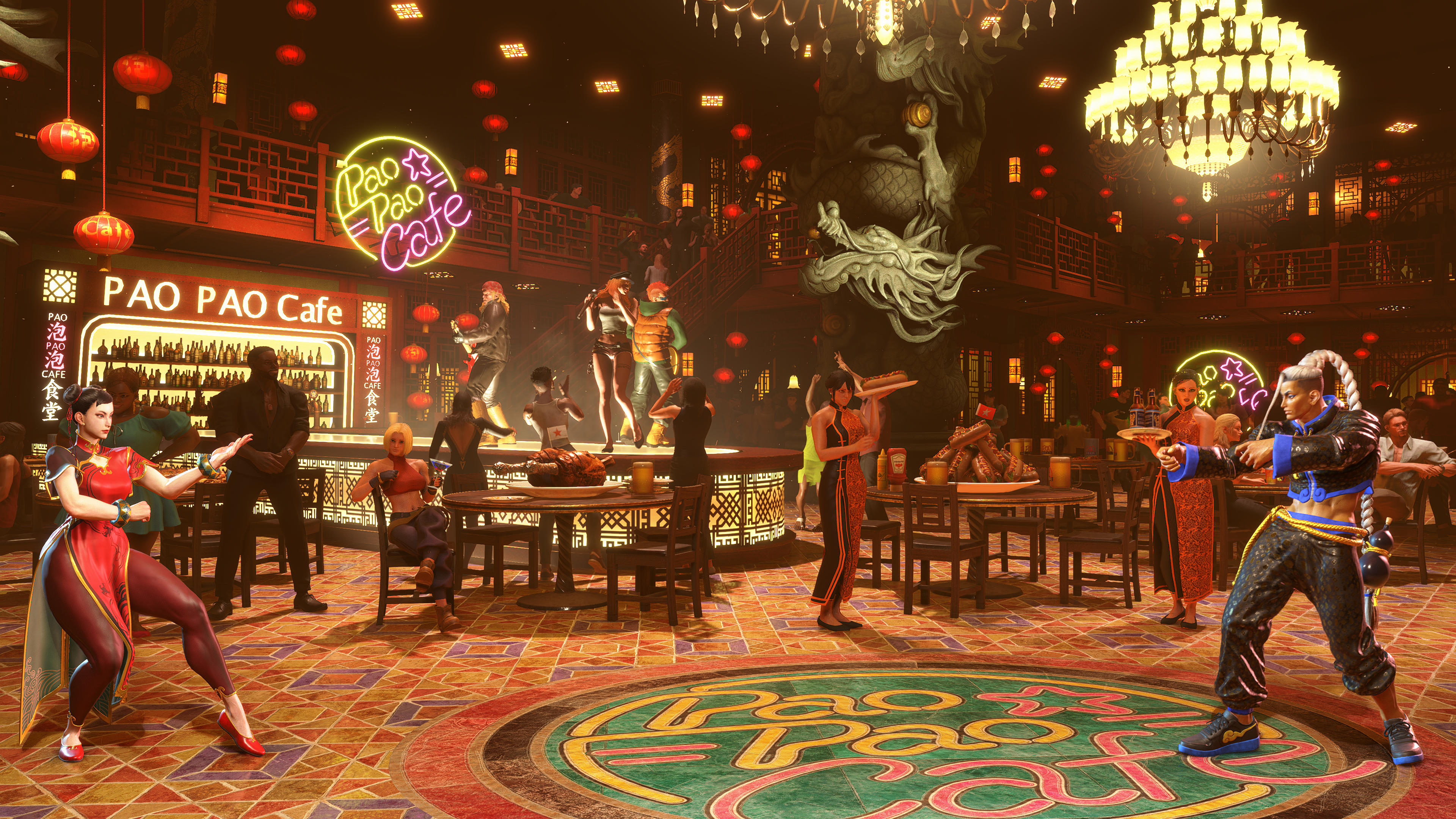 Chun-Li squaring off against Jamie in the packed Pao Pao Cafe No.6 in Street Fighter 6.
