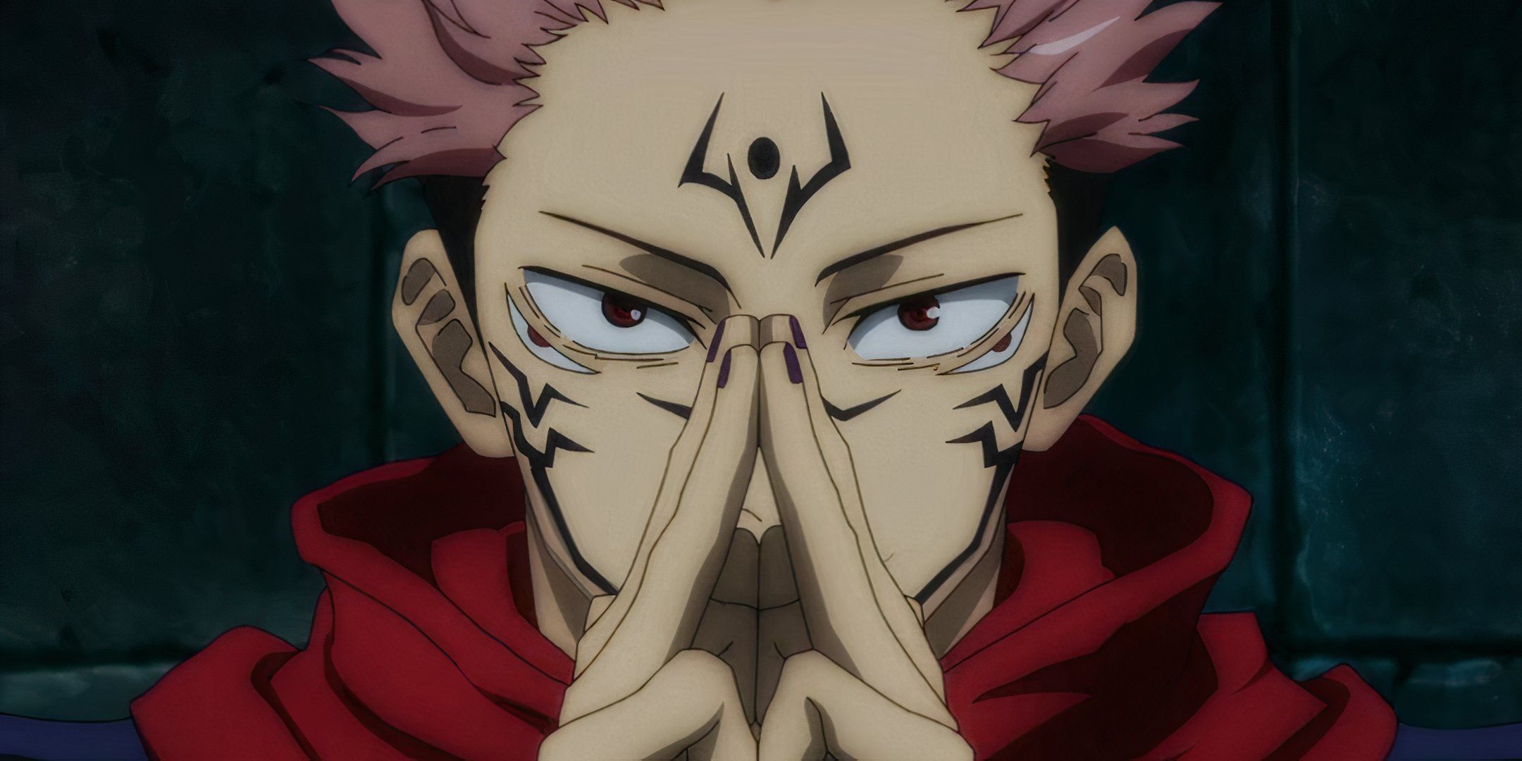 Sukuna from Jujutsu Kaisen doing the hand signs for Malevolent Shrine.