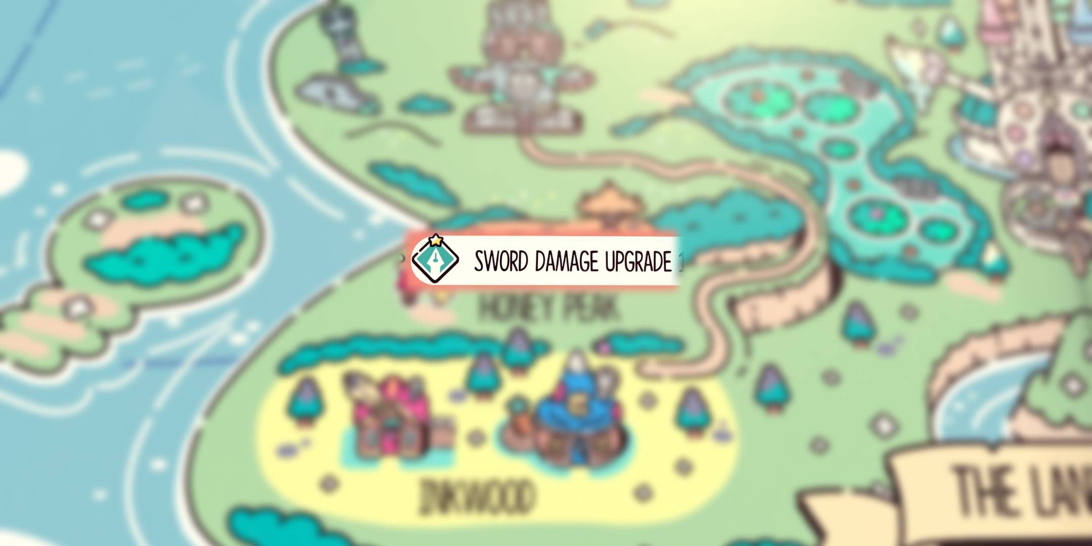 Sword damage upgrade badge on blurred background of The Plucky Squire map.