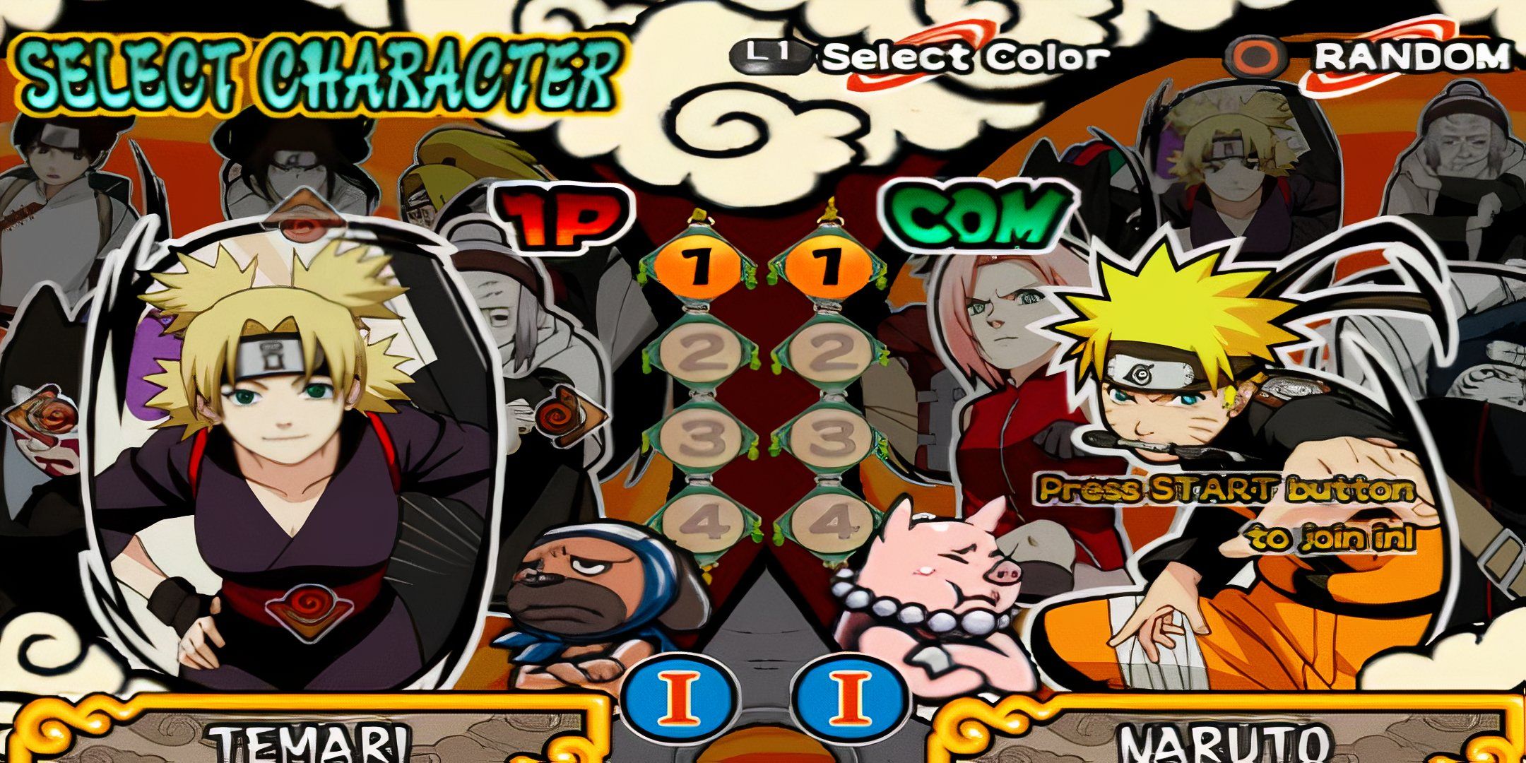 Temari and Naruto in the character select screen in Naruto Ultimate Ninja 4.