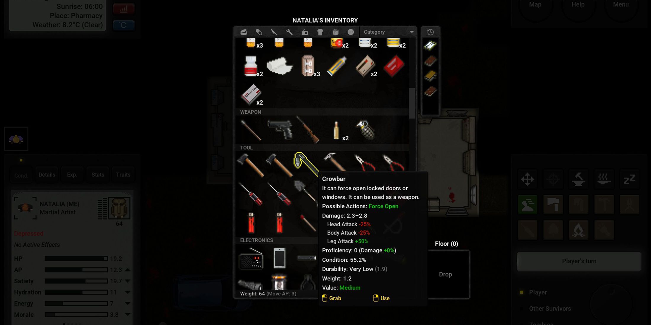 یک اسکرین شات از موجودی که نشان دهنده کلنگ در Terminus: Zombie Survivors است.