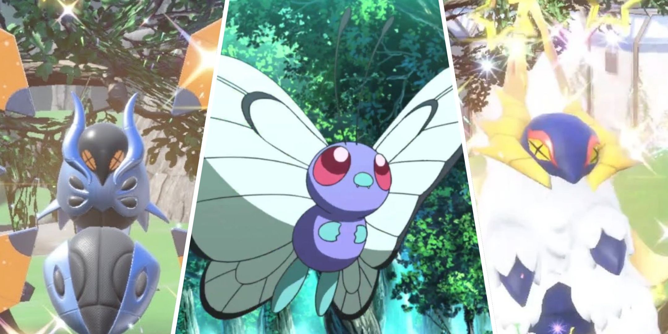 A split image of shiny Slither Wing, shiny Iron Moth, and Butterfree in Pokemon.