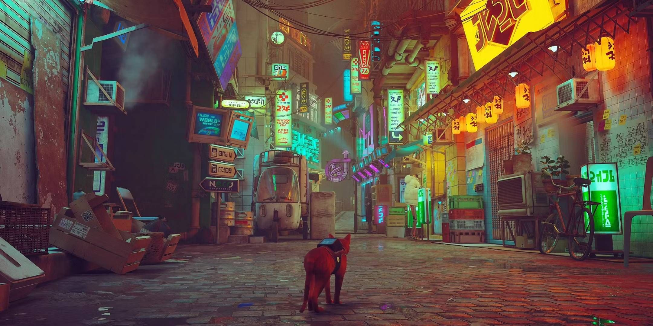 The cat looking into a brightly-lit alley in Stray.