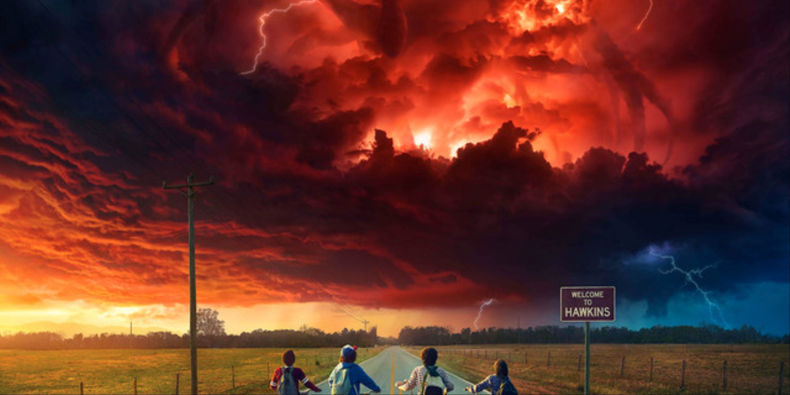 The Main Art For Stranger Things With The Mind Flayer Visible In Orange-Red Clouds And The Main Group Of Boys Staring Up At It On Their Bikes, A Sign Welcoming You To Hawkins Also Visible.