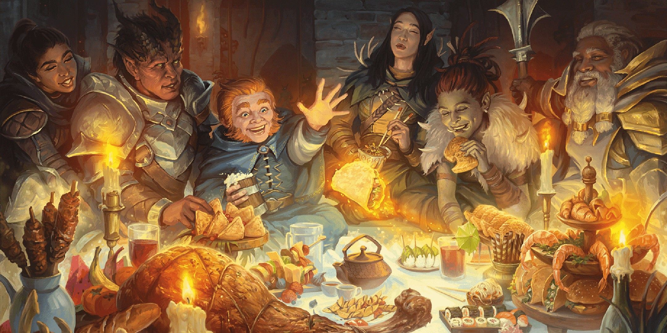 Dungeons & Dragons image showing a party of adventurers about to consume a Heroes Feast.