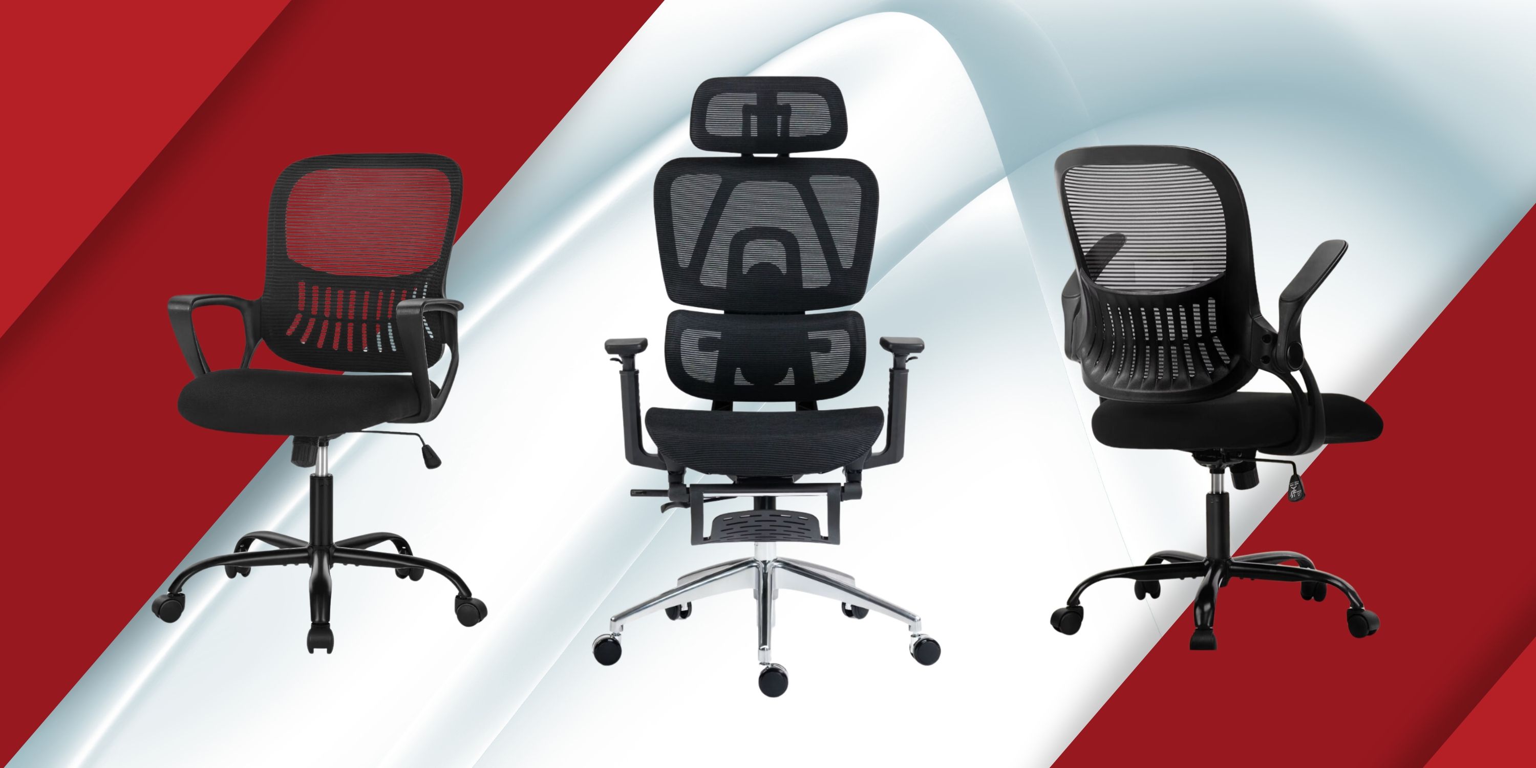 Three computer chairs in front of a red ribbon background