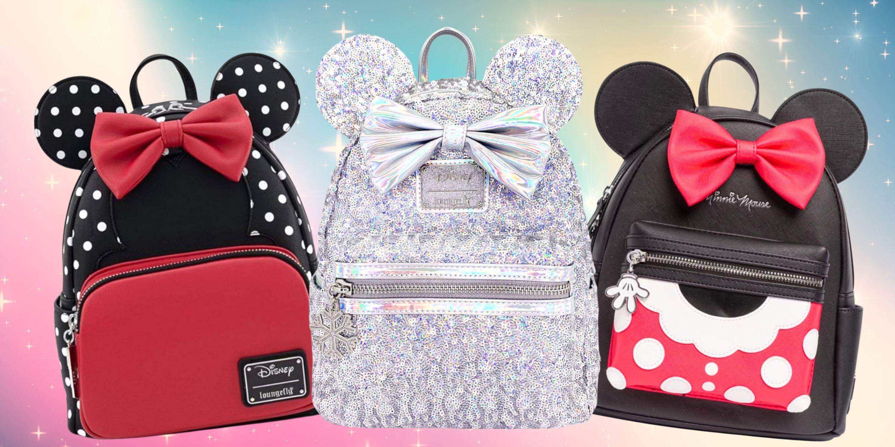 Three disney themed backpacks styled around minnie mouse