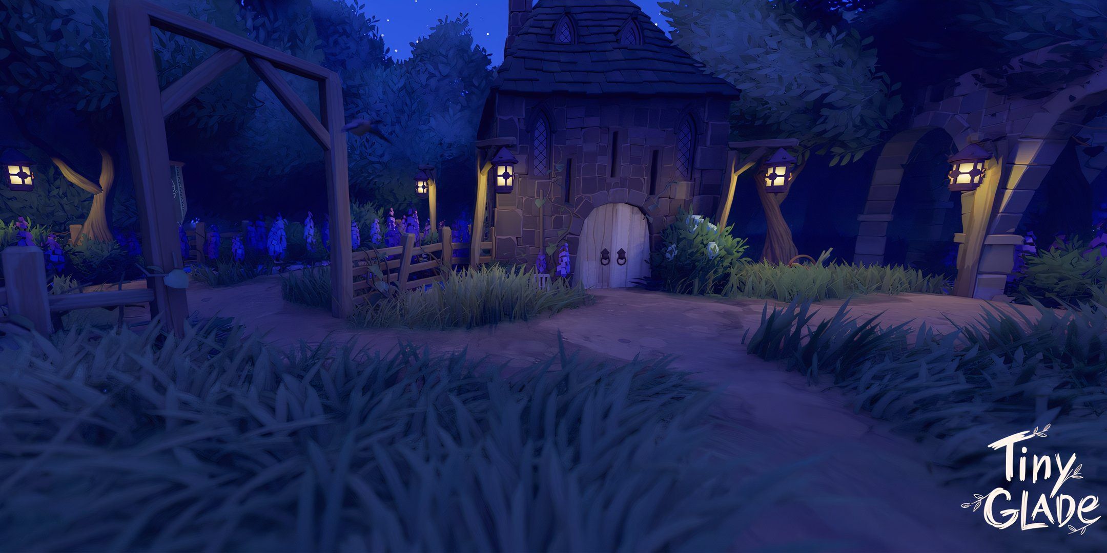 Tiny Glade: An image of a cozy cottage at night