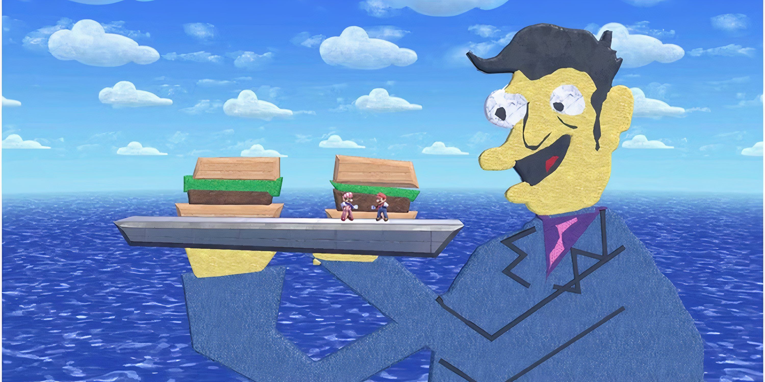 Two Mario fights on a plate held by Director Skinner in Super Smash Bros.