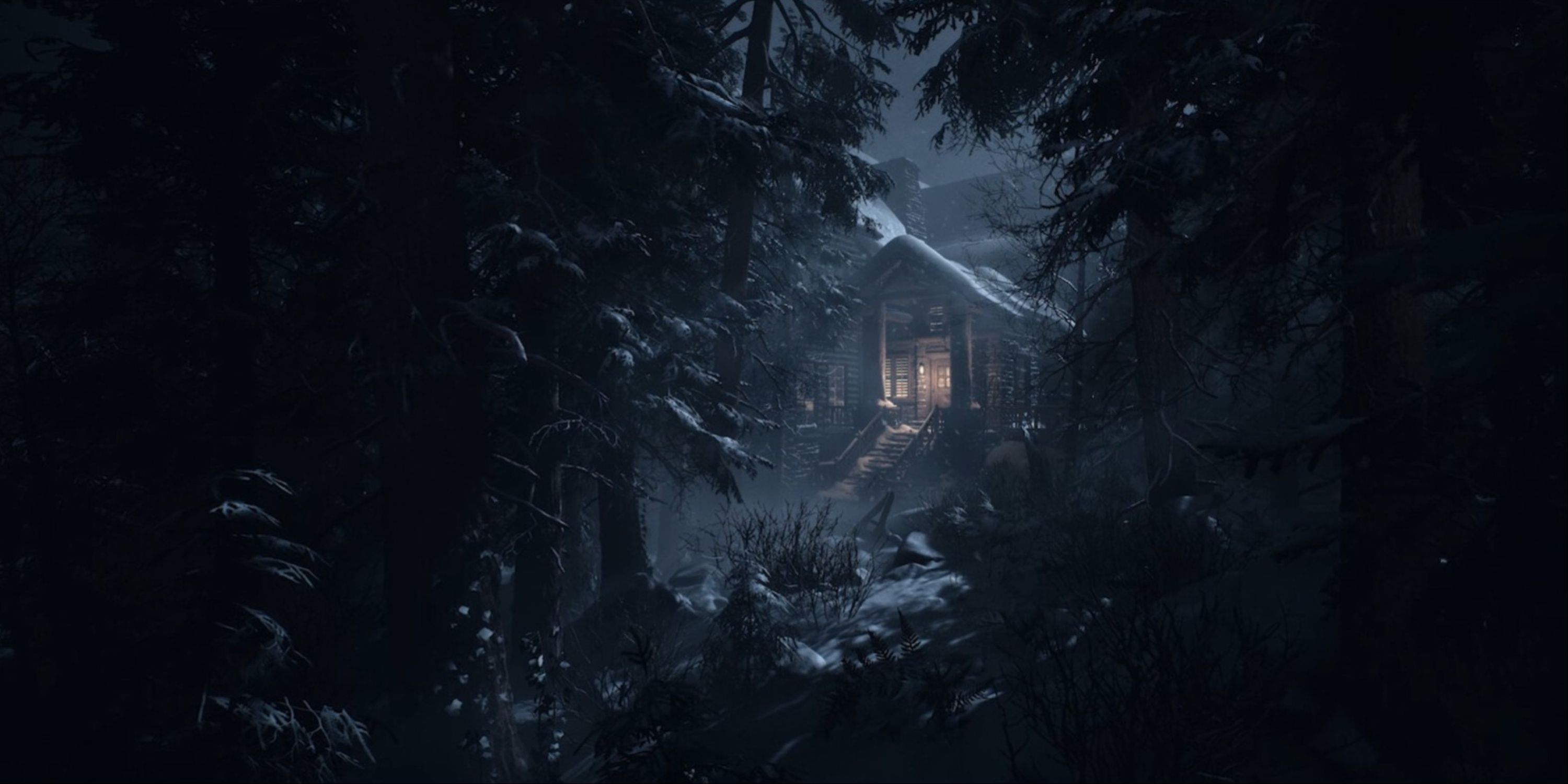 A Close-up Of The Snowy Washington Lodge With A Porch Light On From The Forest, With Trees Surrounding The Environment in Until Dawn.