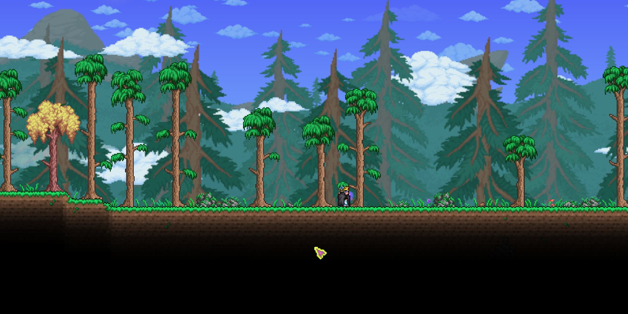 A player standing in a grass spawn location in Terraria. 