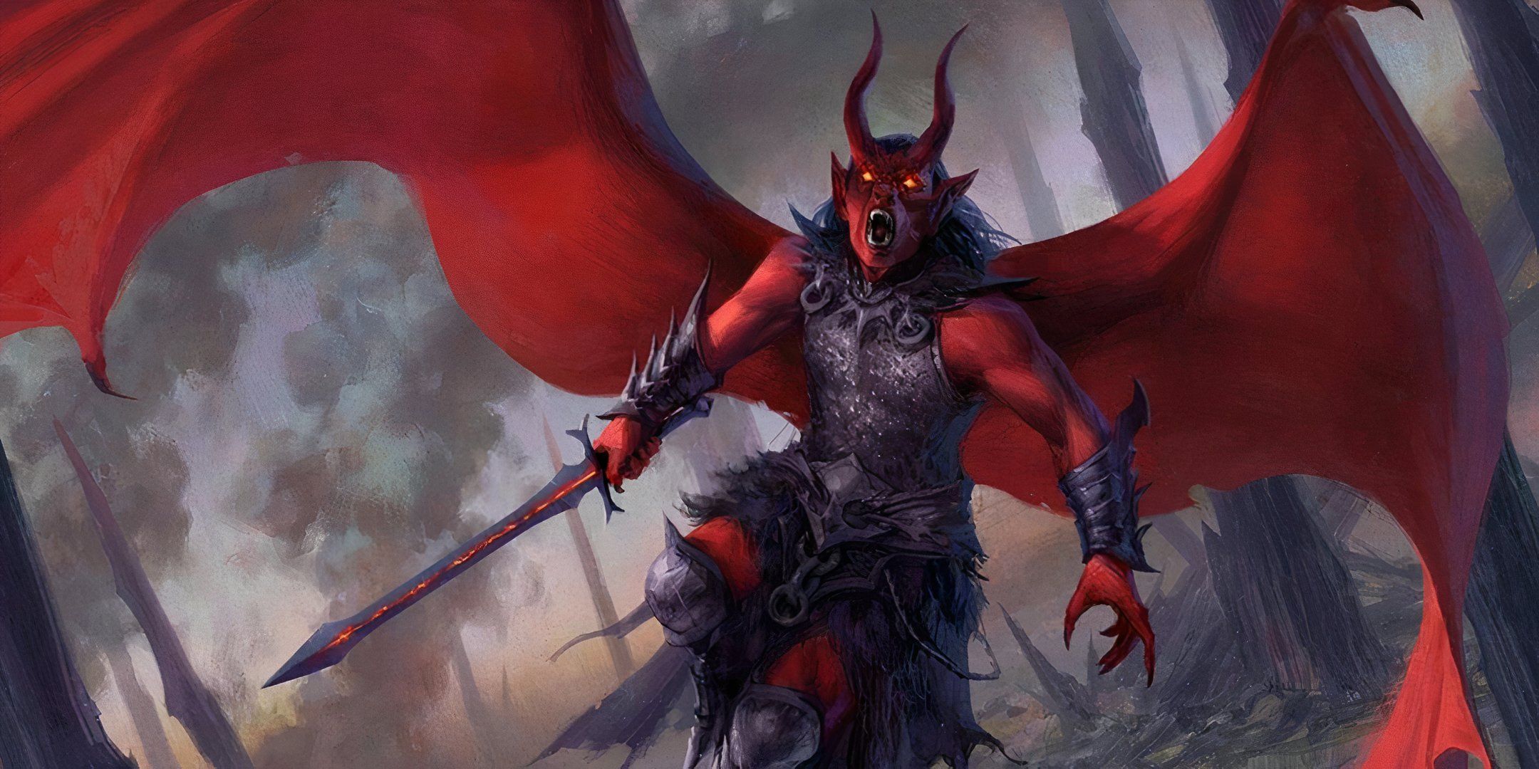 A red-winged demon with glowing eyes holds a sword.