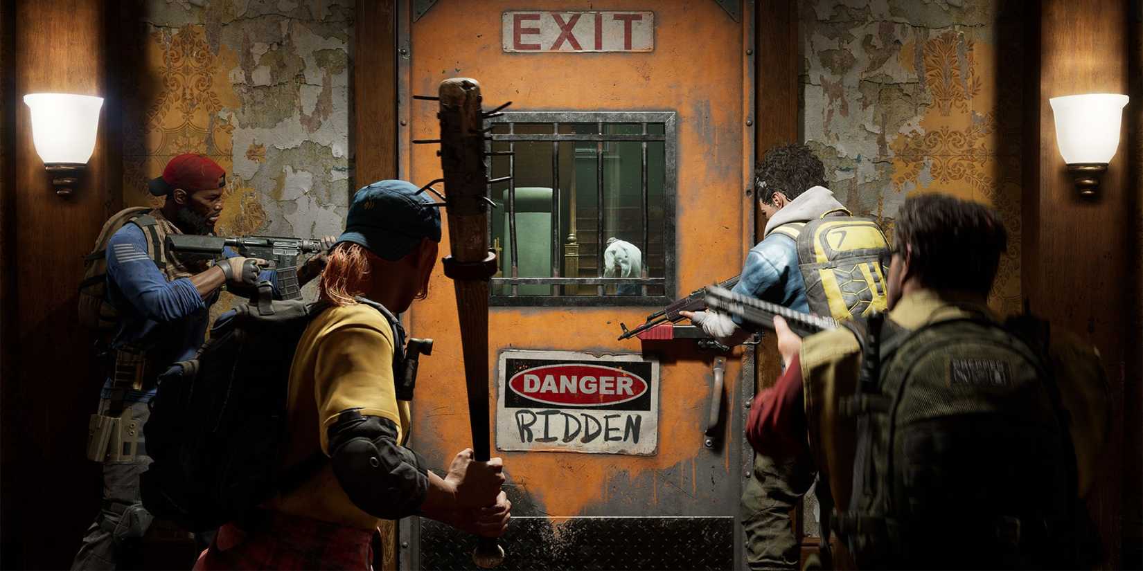 A group of players stands in front of the exit door warning against the other side of the rear 4 blood.
