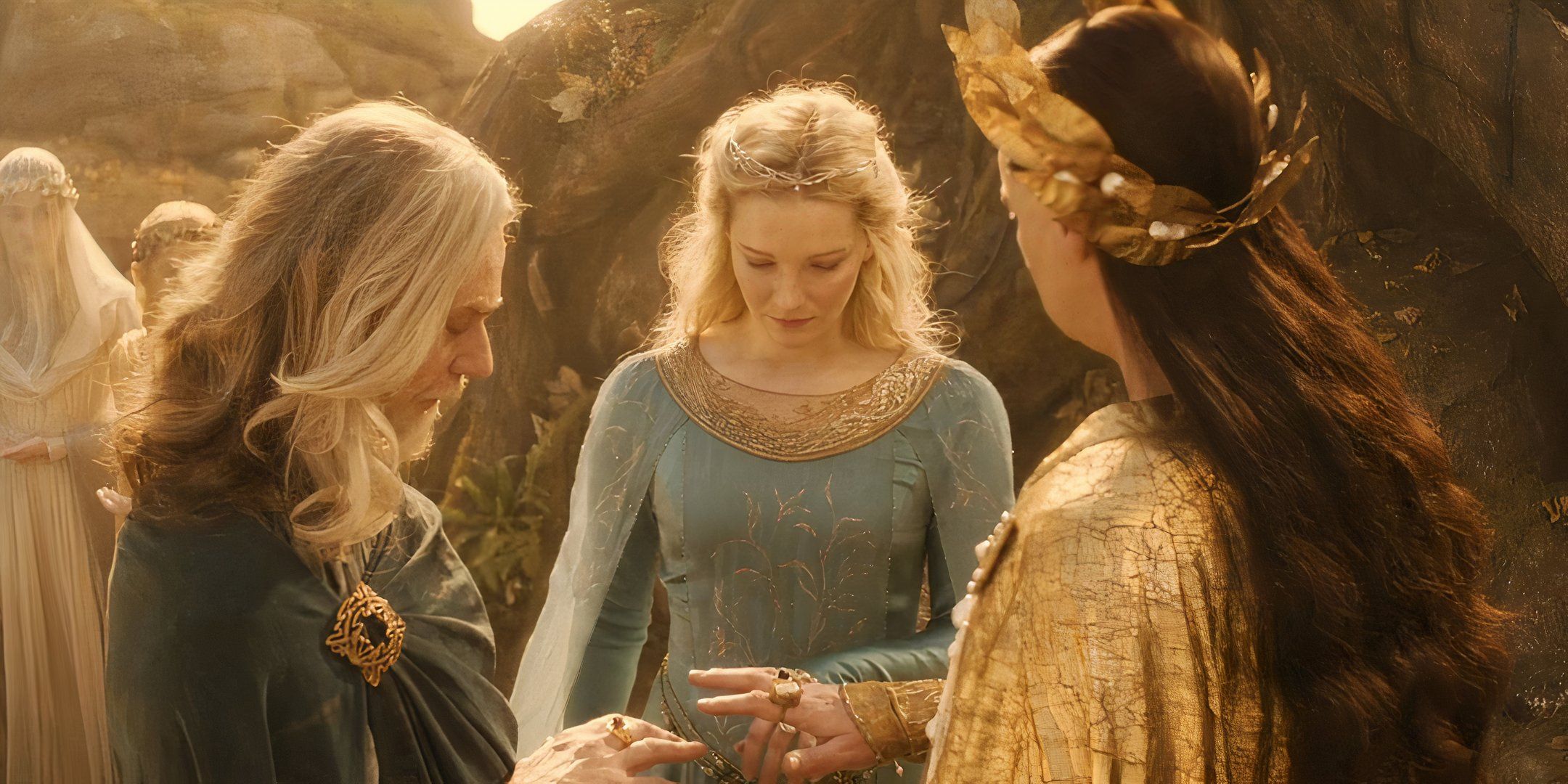 Cirdan, Galadriel and Gil Galad wearing their Rings of Power in the TV Show.