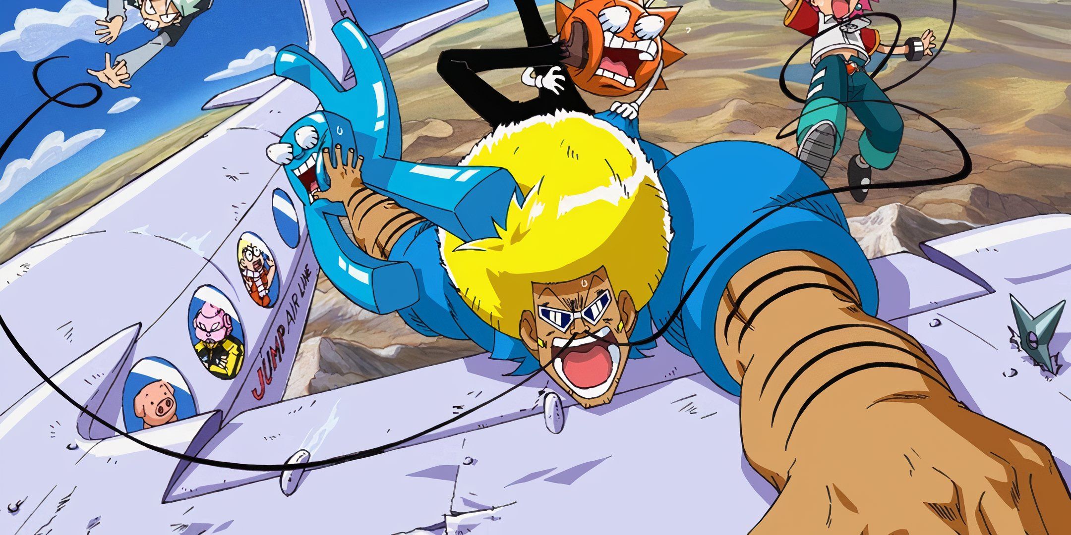 Bobobo holding on to an airplace in the Bobobo-bo Bo-bobo anime.