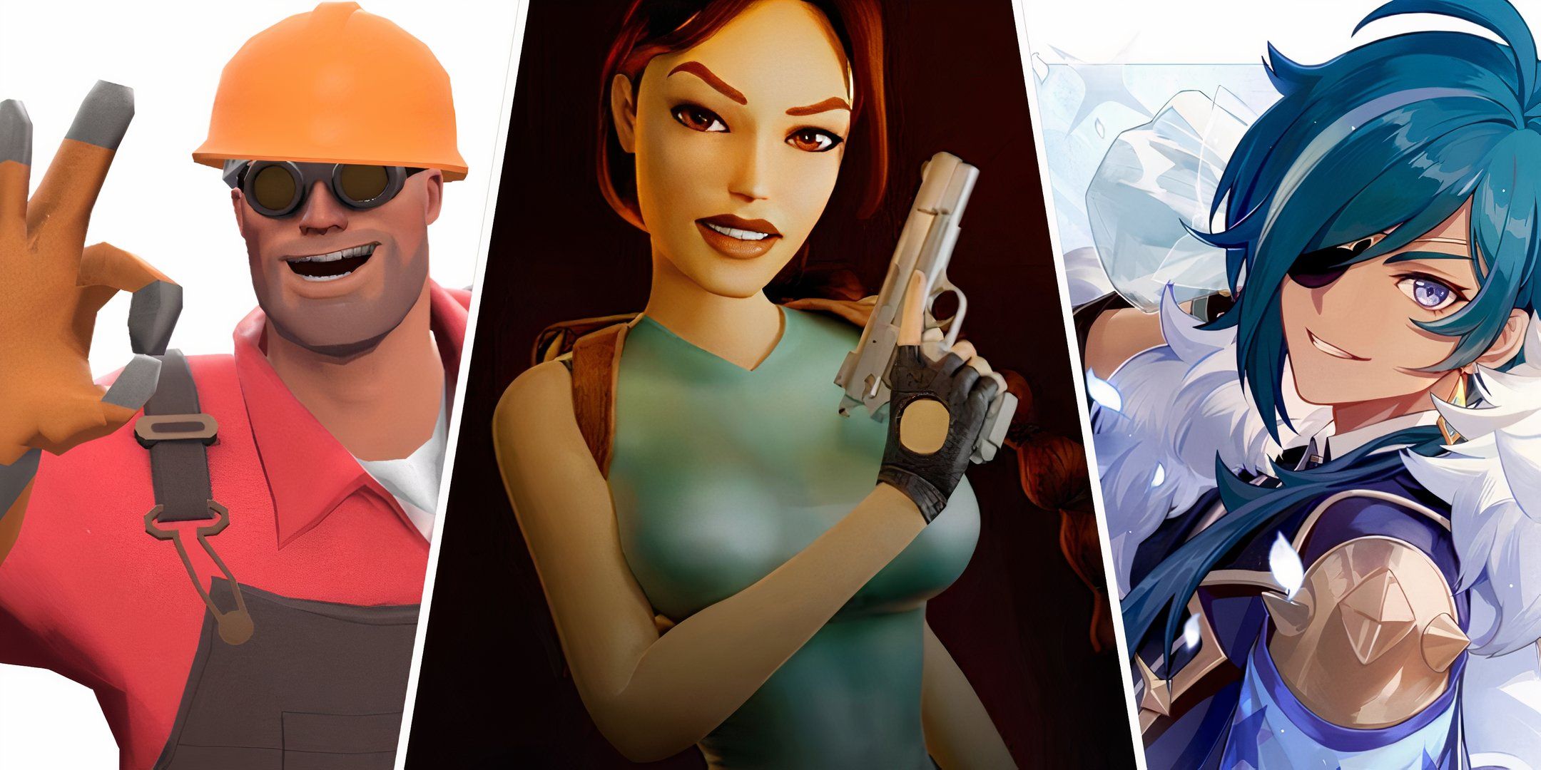 A split image of Heavy from Team Fortress 2, Lara Croft from Tomb Raider and Kaeya from Genshin Impact.