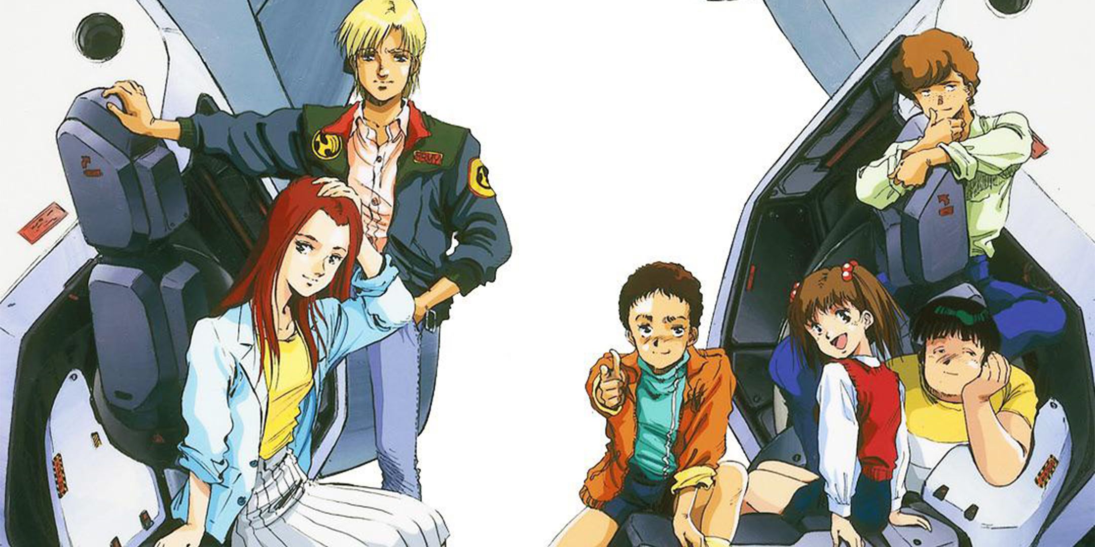 The main cast of War in the Pocket sitting on the hands of a mobile suit.