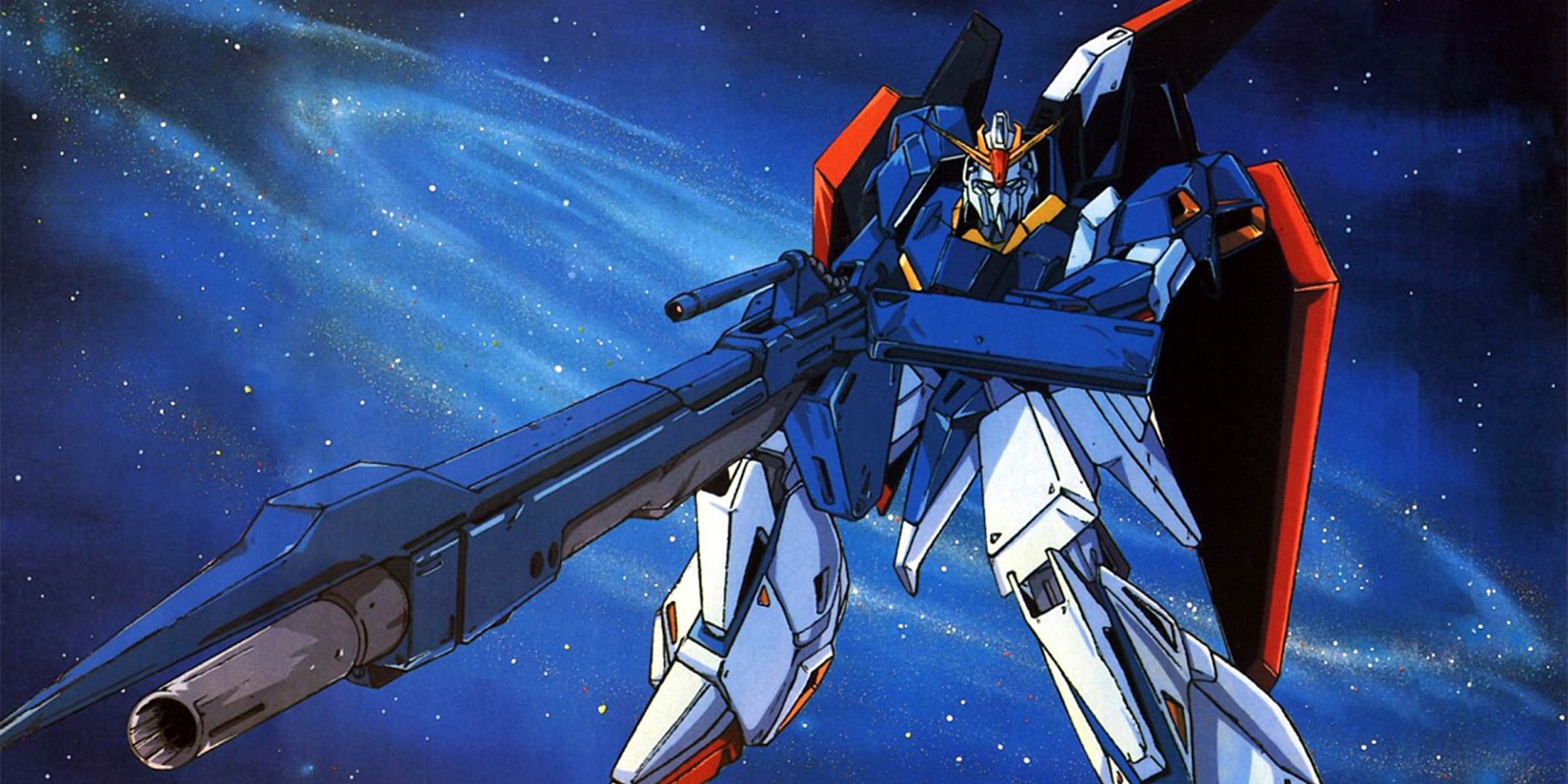 The Zeta Gundam aiming a beam cannon in space.