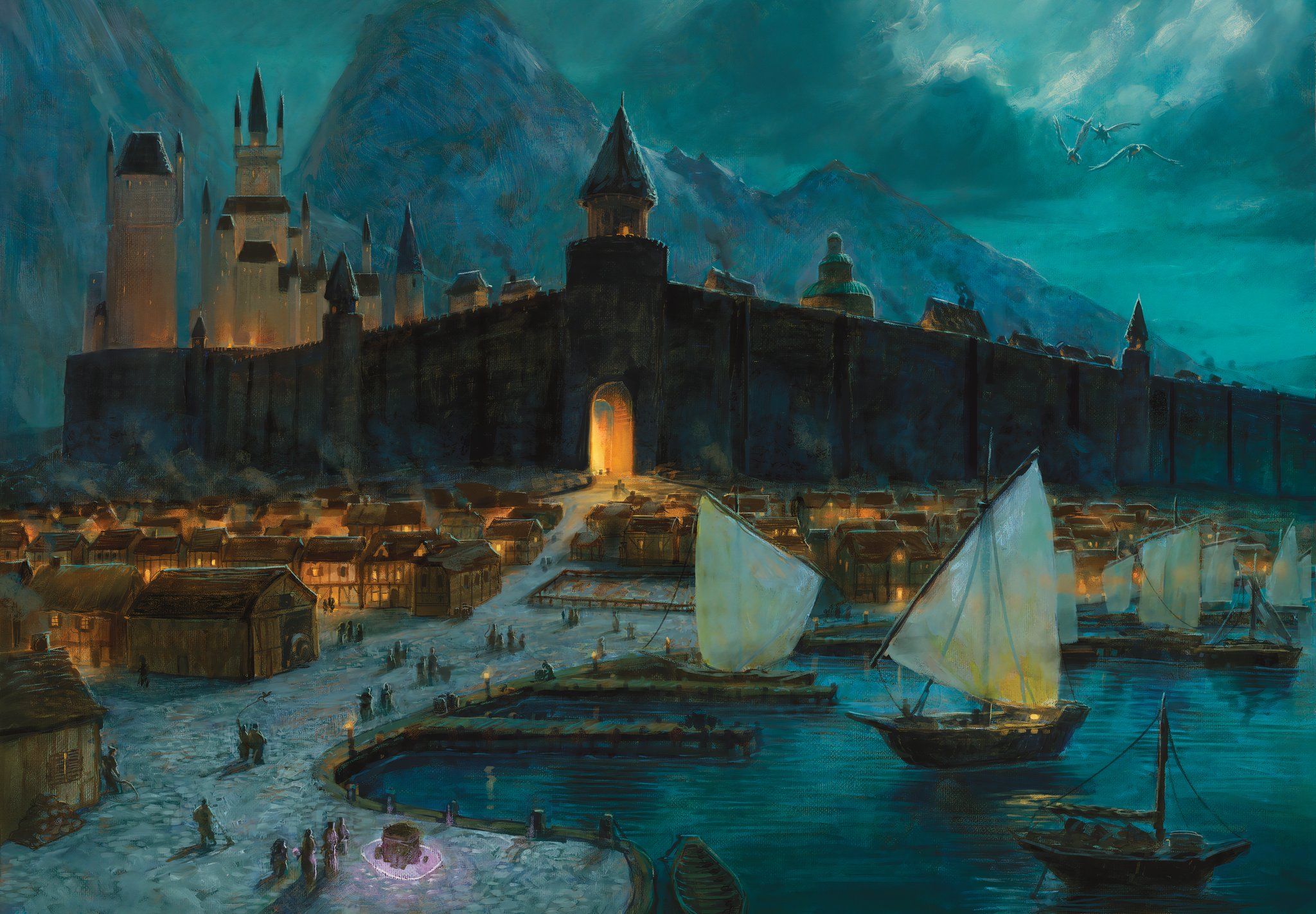 Image of Greyhawk's port with the wall to the city in the background in the 2024 Dungeon Master's Guide.