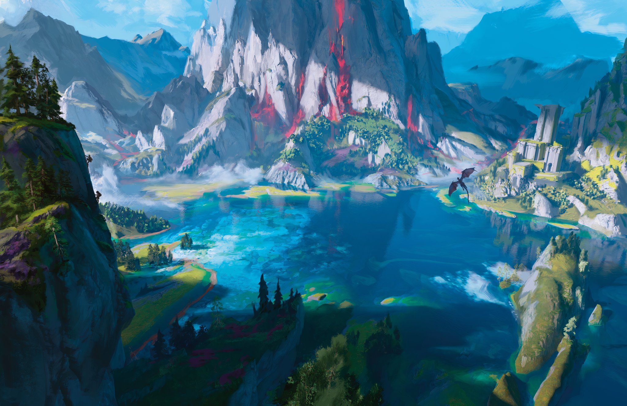 An image of a large lake surrounded by mountains as a Hellfurnace in the 2024 Dungeon Master's Guide for Dungeons & Dragons.