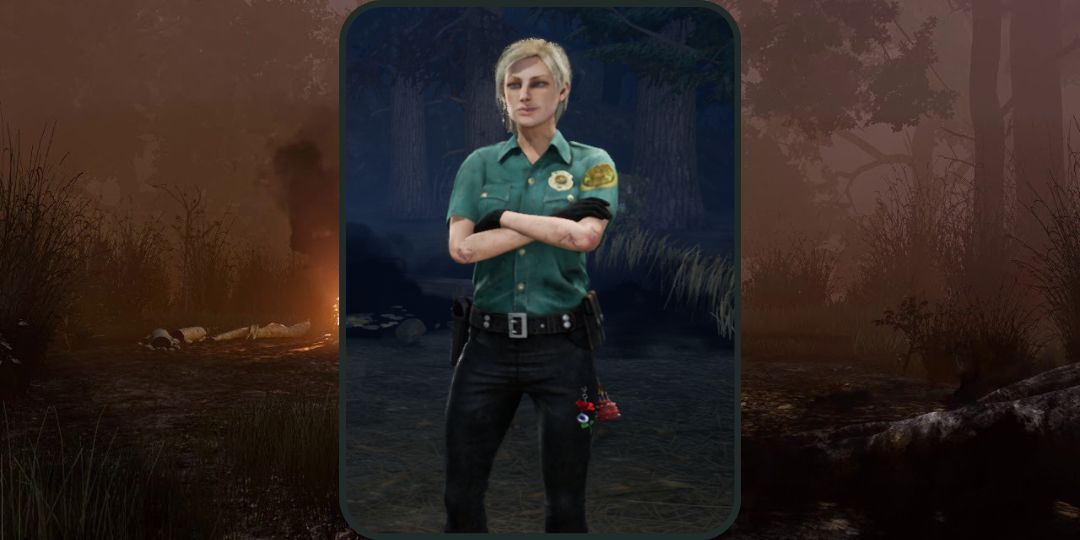 Cybil Bennett stands in front of a background in Dead by Daylight.