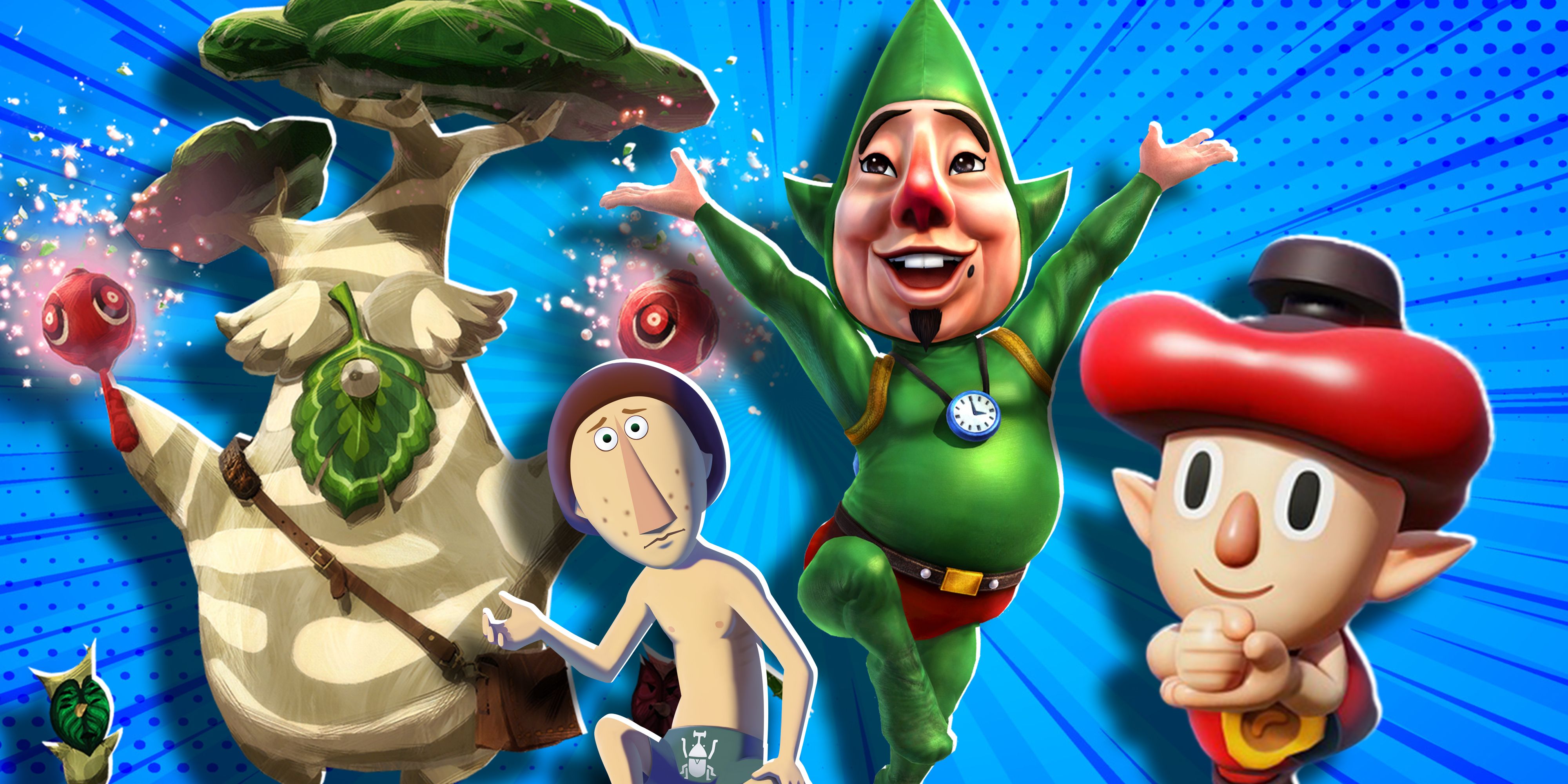 Hetsu, Beedle, Tingle, and Stamp Guy from the Zelda gmes against a blue background