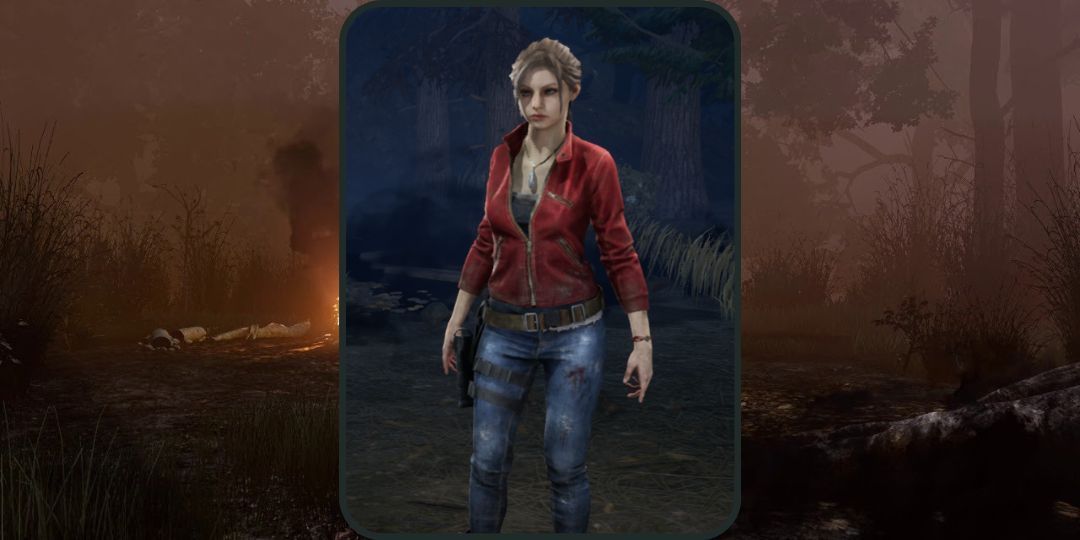 Claire Redfield stands in front of a background in Dead by Daylight.