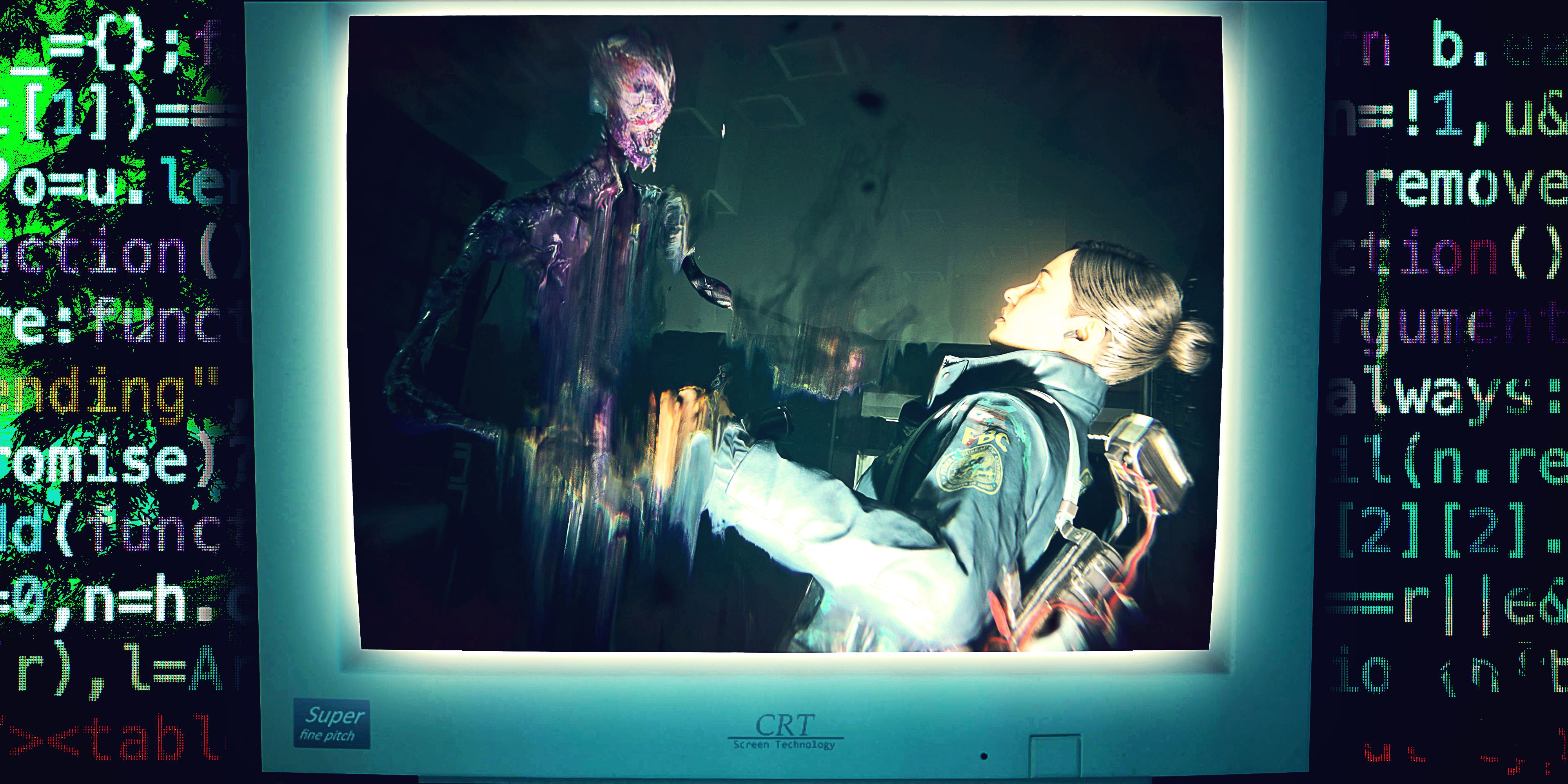 Kiran Estevez in Alan Wake 2 fighting a monster in The Lake House DLC on a CRT computer monitor with programming text in the background