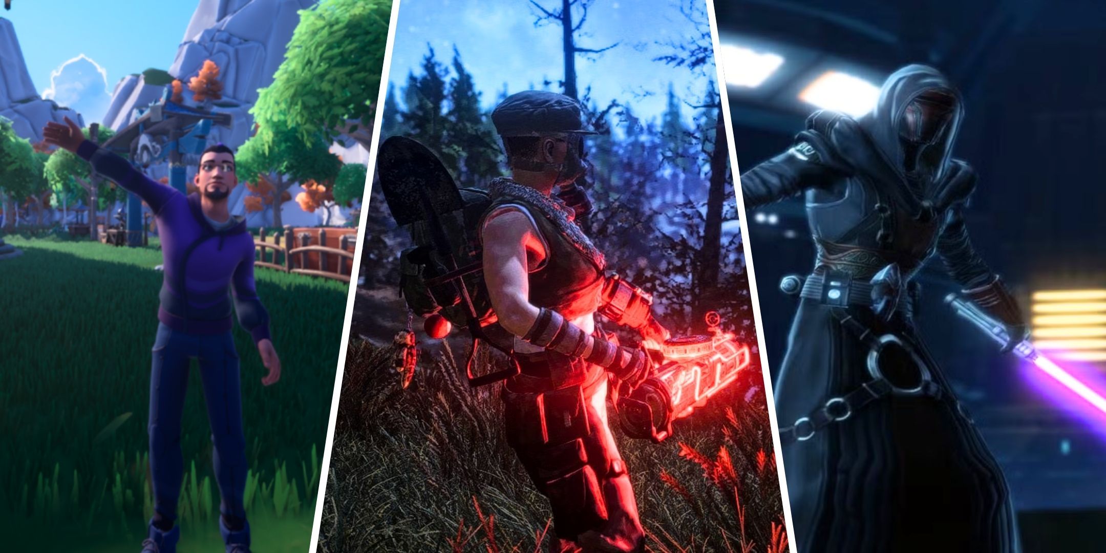 A split image of a character waving in Palia, a character shooting a glowing minigun in Fallout 76, and Revan wielding a purple lightsaber in Star Wars: The Old Republic.