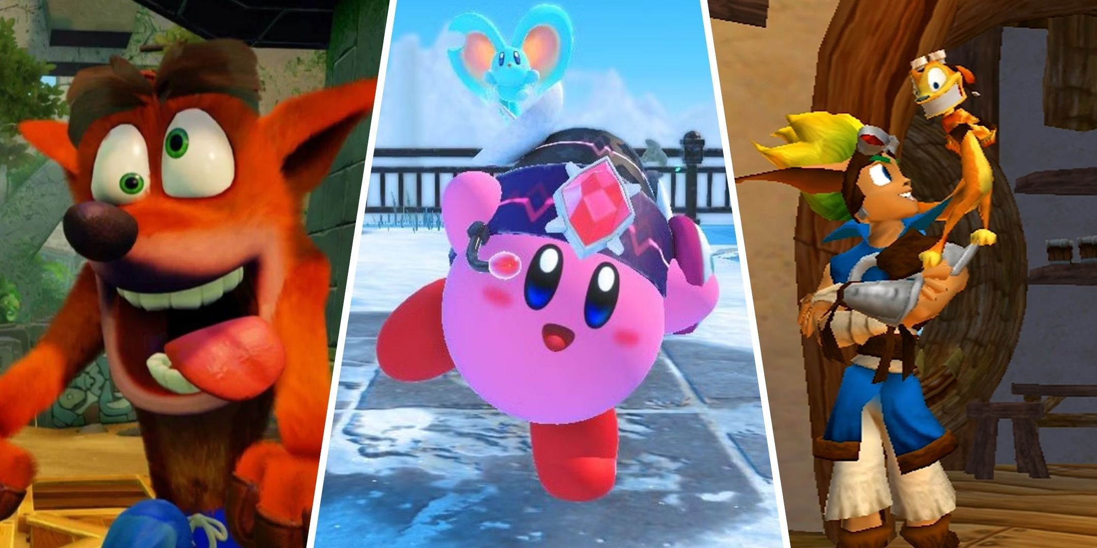 A split image of Crash dancing in the Crash Bandicoot N-Sane Trilogy, Kirby dancing in Kirby and the Forgotten Land, and Jak and Daxter smiling at each other in Jak and Daxter.