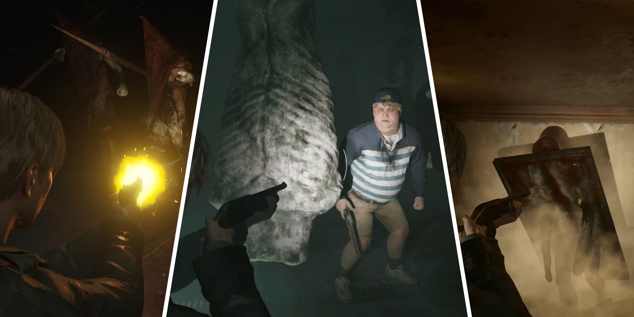 A split image showing James fighting different bosses such as the Pyramid Heads, Eddie, and Abstract Daddy in SIlent Hill 2 Remake.