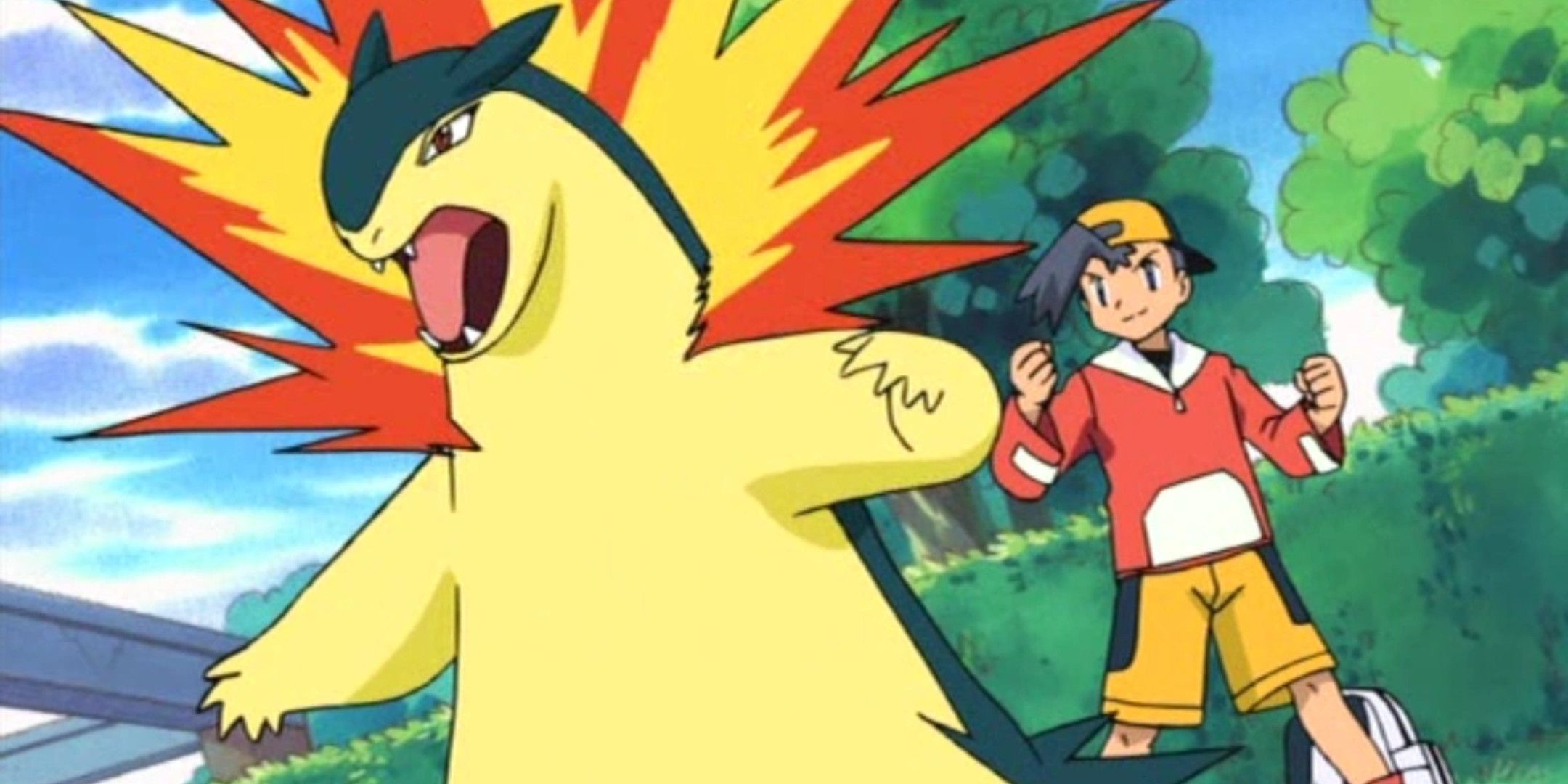 A Typhlosion and its trainer in a Pokemon battle