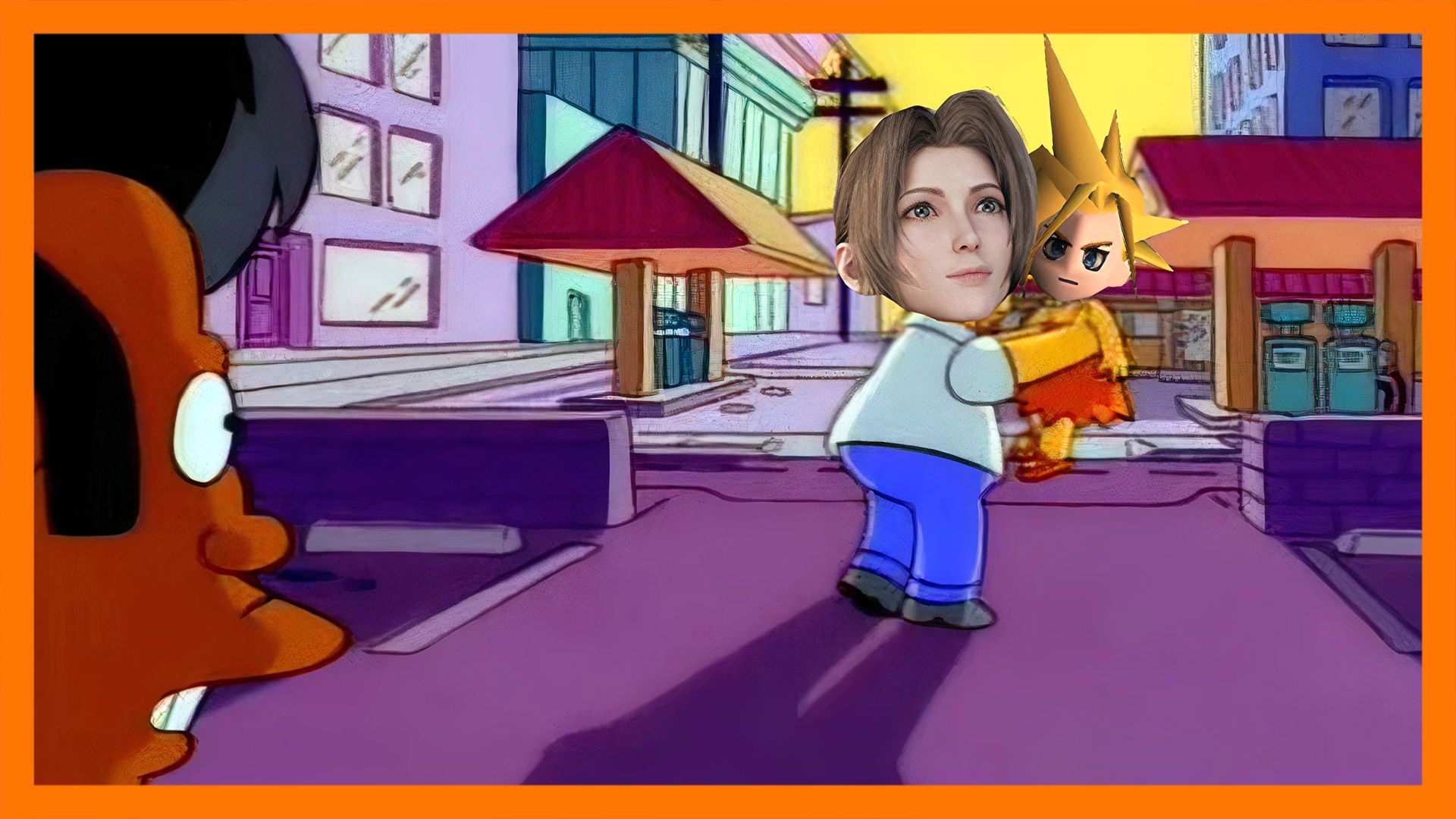 Aerith carrying Cloud like Homer carrying Lisa