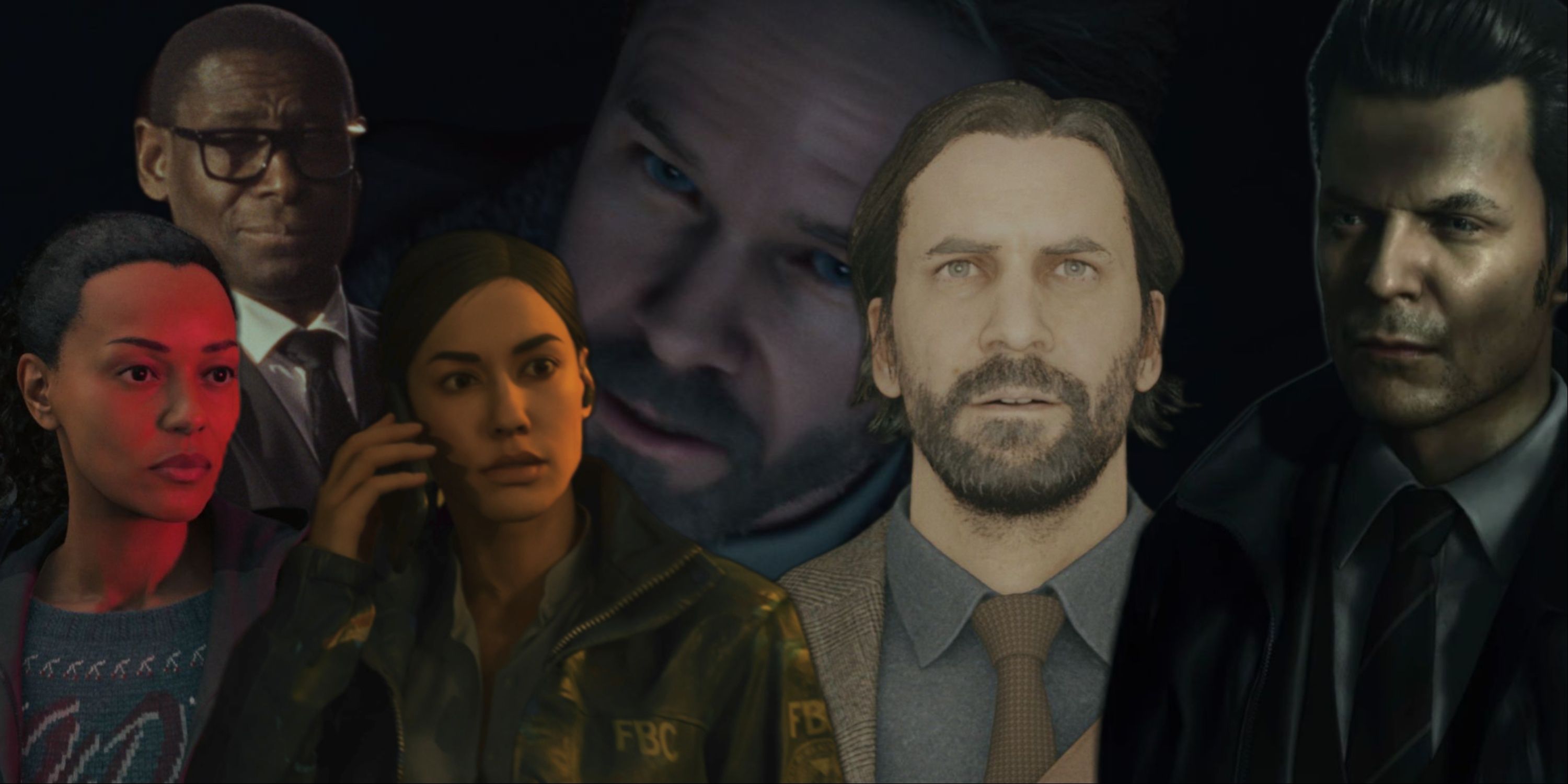 Saga Anderson, Mr. Door, Tim Breaker, Agent Kiran Estevez, Alan Wake, and Alex Casey all together.