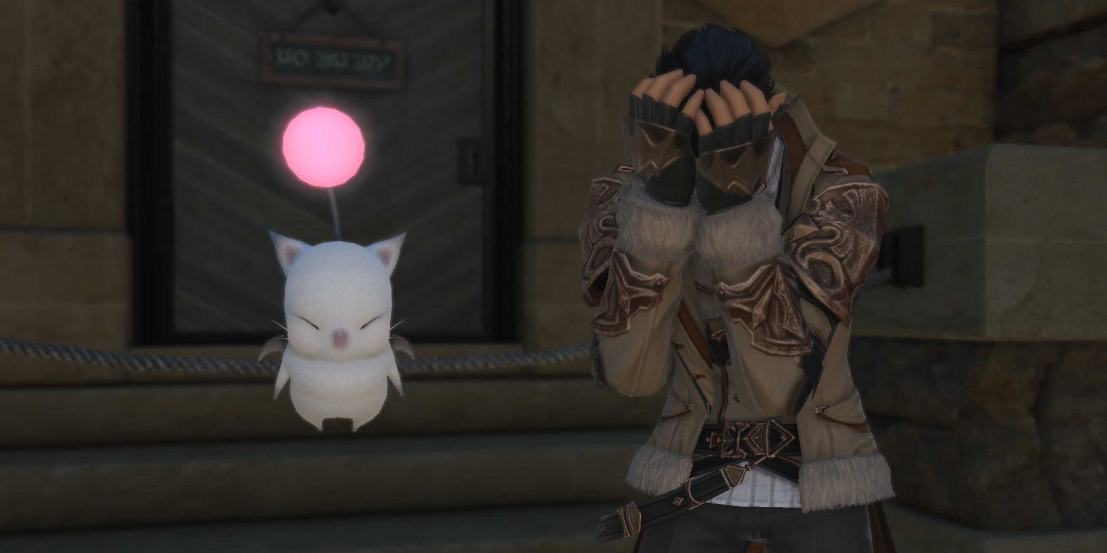 An Elezen with his face in his hands while stood next to a Moogle.