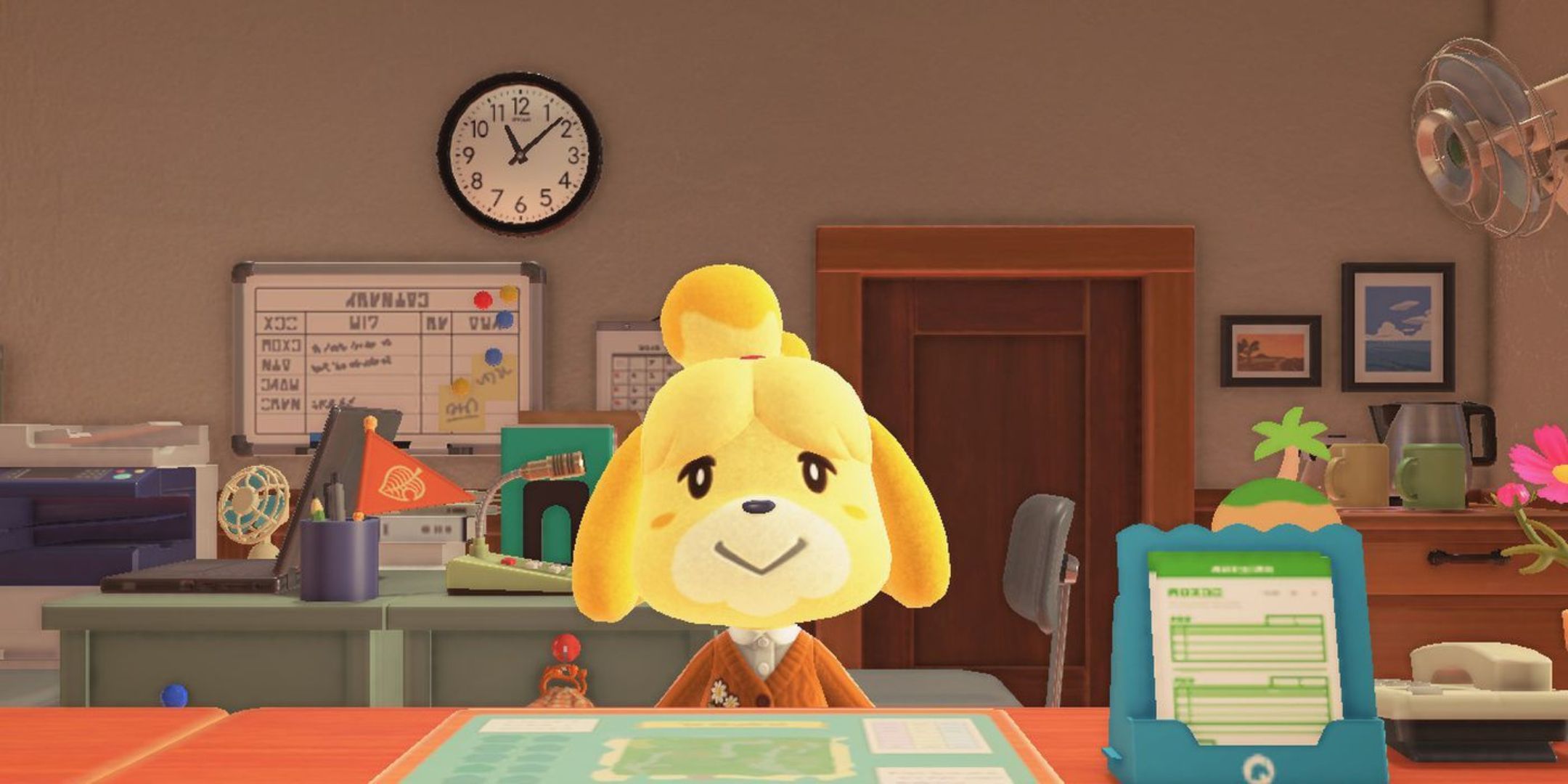 Isabelle seated at her desk at 11:08 AM in Animal Crossing New Horizons.