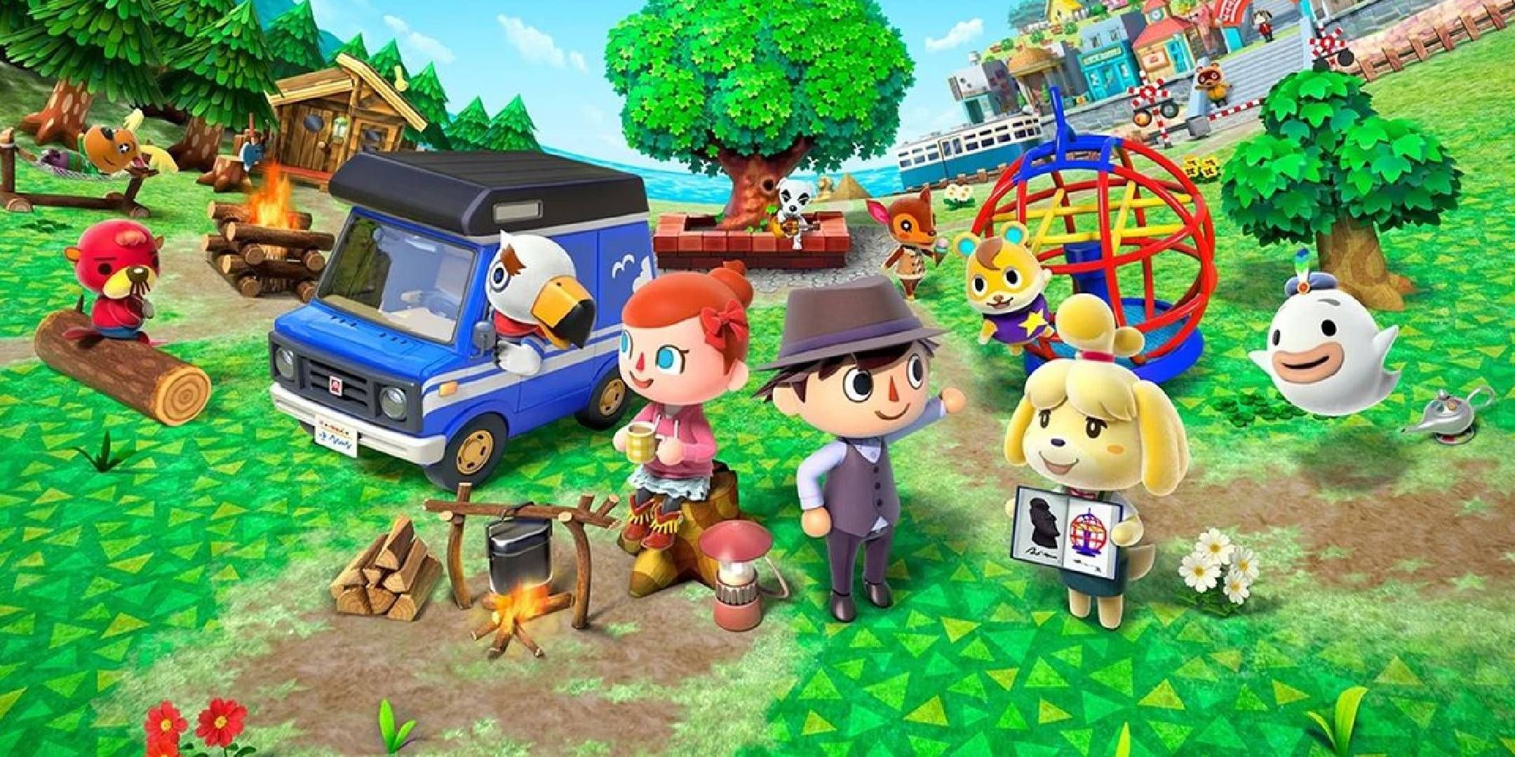 Animal Crossing صفحه جدید عنوان برگ نشان می دهد دو شخصیت بازیکن که توسط NPC های مختلف احاطه شده است.