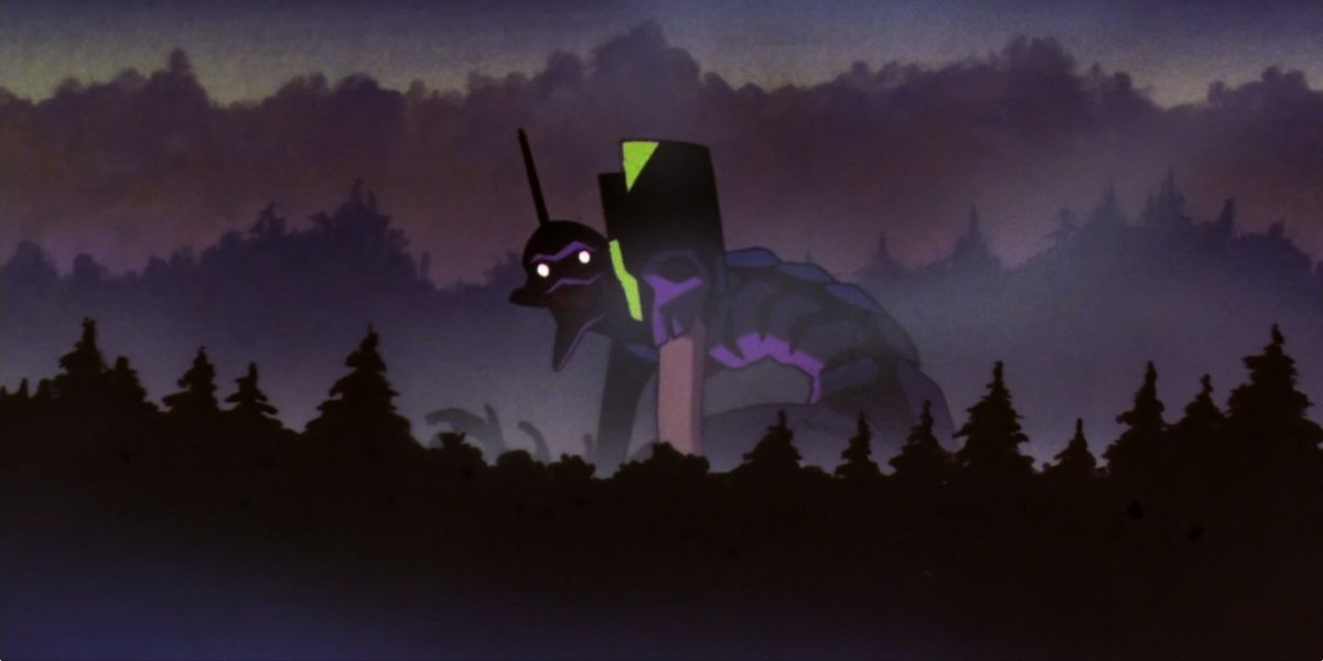 A silhouette of Eva Unit 01 in Neon Genesis Evangelion.