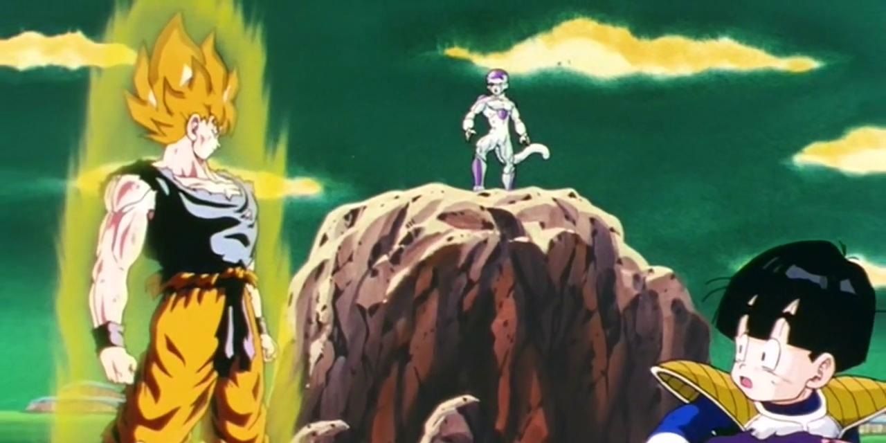 Super Saiyan Goku faces Frieza while Gohan watches in Dragon Ball Z.