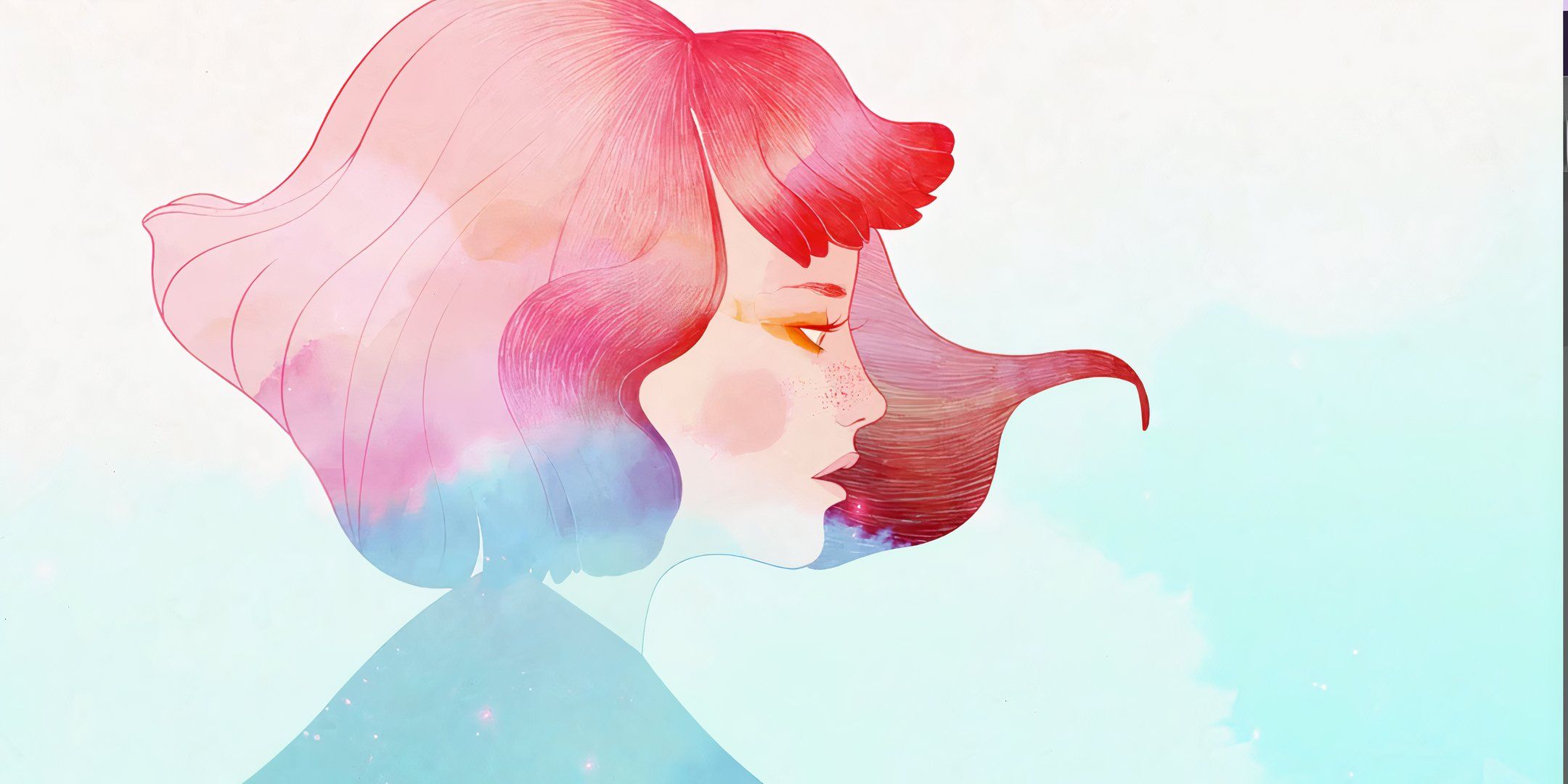 Main character Gris in a close up side portrait, with red, blue, and other colors overlayed over her picture.