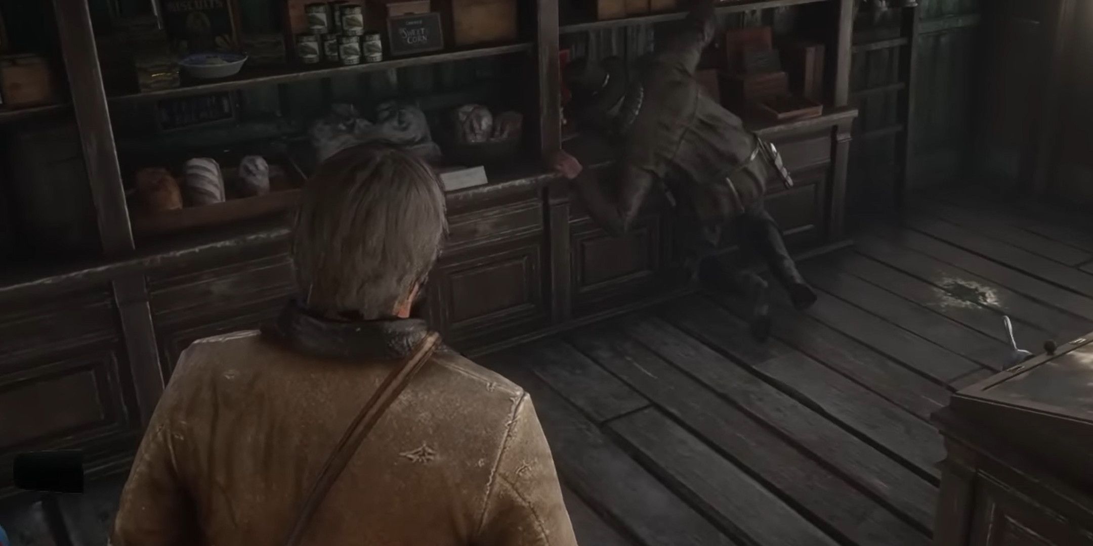 Arthur looking at Uncle who is climbing all over a shelf full of supplies