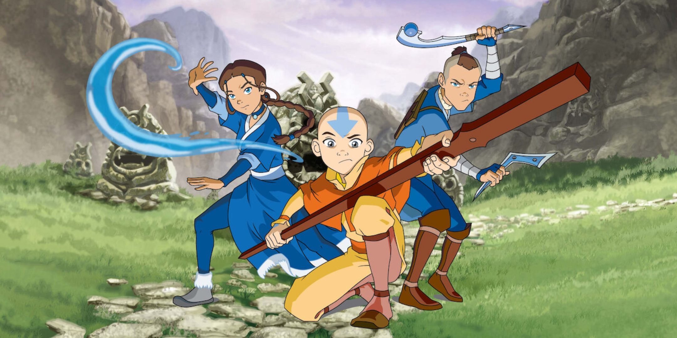 Aang, Sokka, and Kitara in Avatar: The Last Airbender.