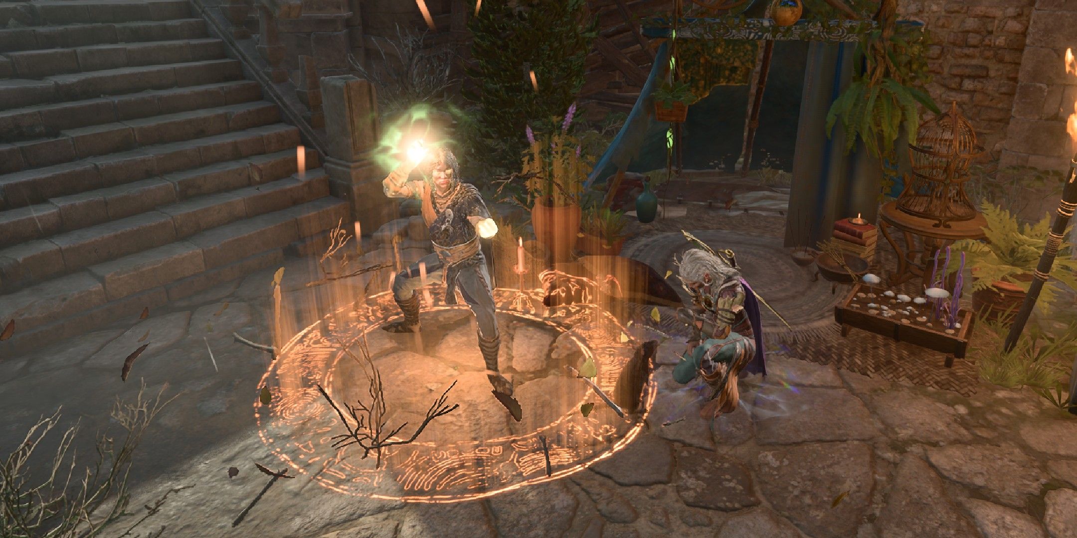 Baldur's Gate 3 image showing a monk player casting a druid spell as jaheira speaks to a rat.